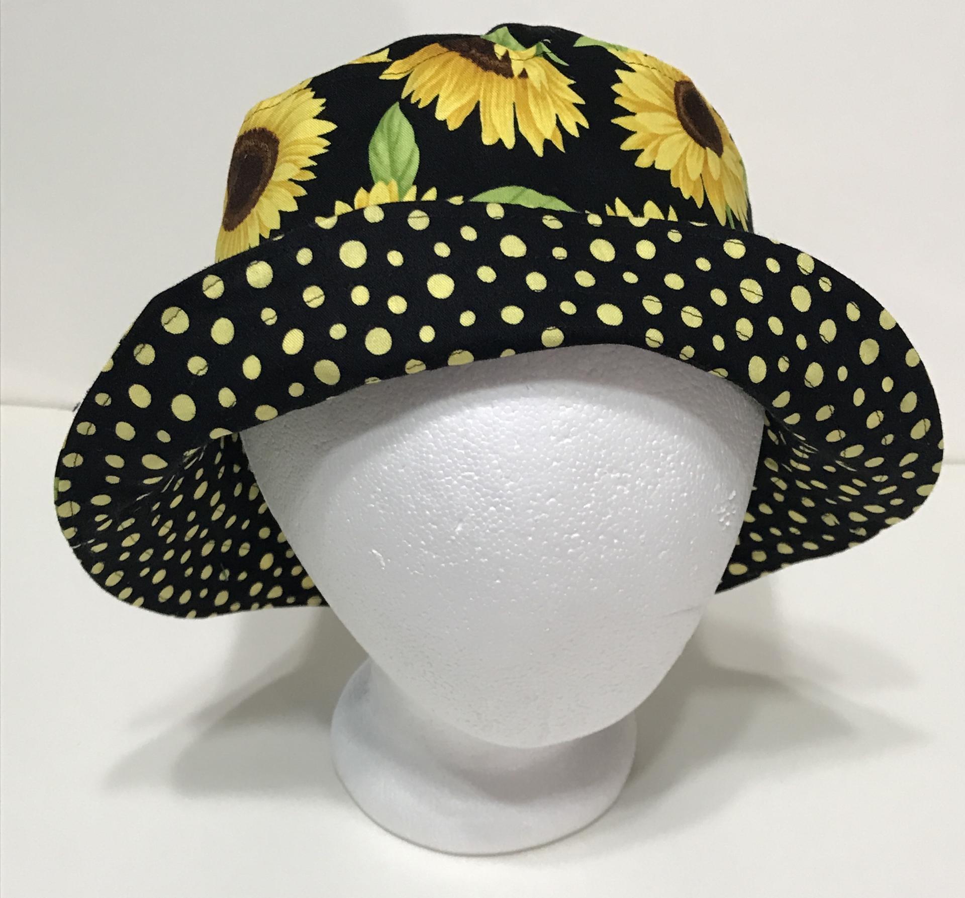 Sunflower Floral Bucket Hat, Reversible, LARGE, Handmade Sun Hat, Floppy Hat, Polka Dots