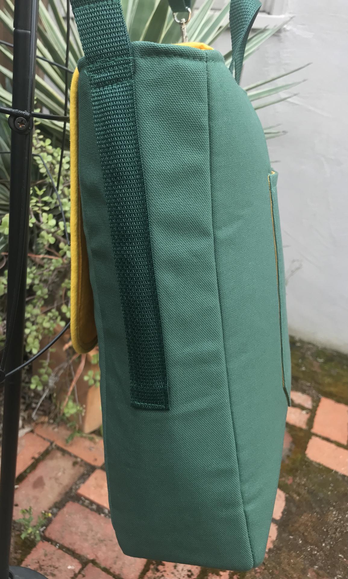 Slim tall messenger style cross body canvas bag, sized for a scorebook, vinyl bottom, White Elephants, Oakland A's Athletics baseball fan, tote, satchel