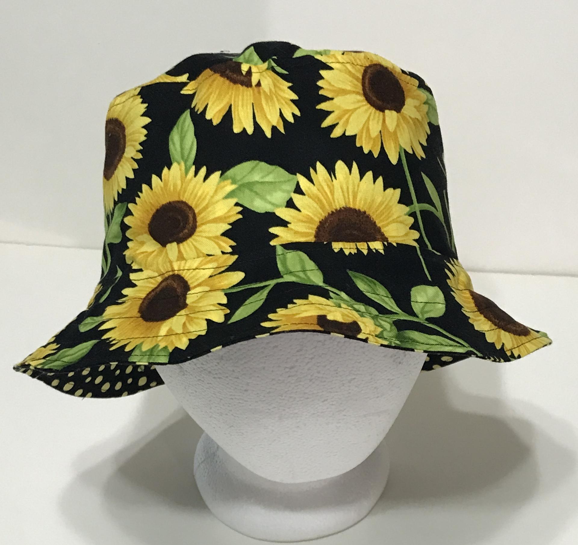 Sunflower Floral Bucket Hat, Reversible, LARGE, Handmade Sun Hat, Floppy Hat, Polka Dots