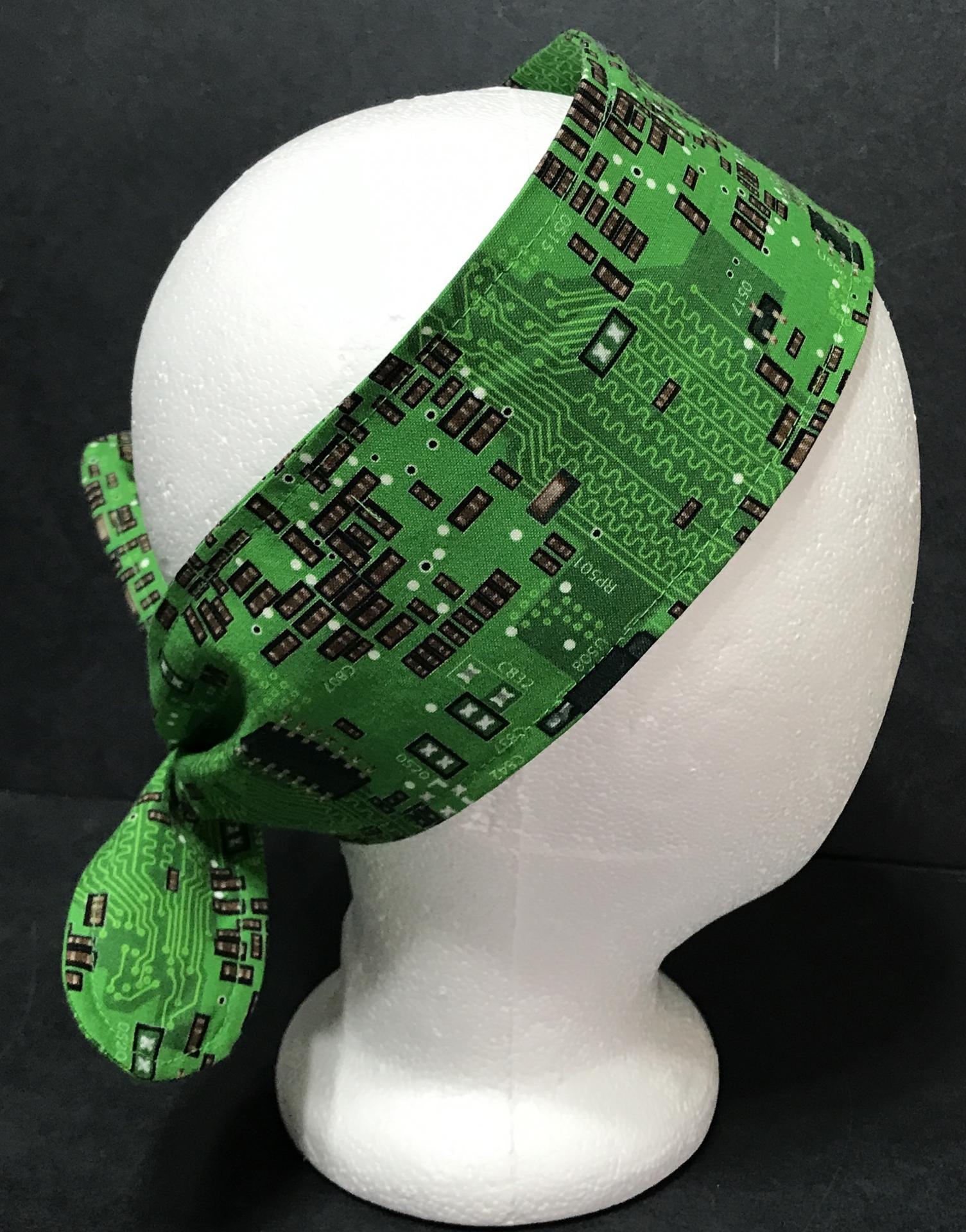 3" Wide green printed circuit board fabric head scarf, tied in back