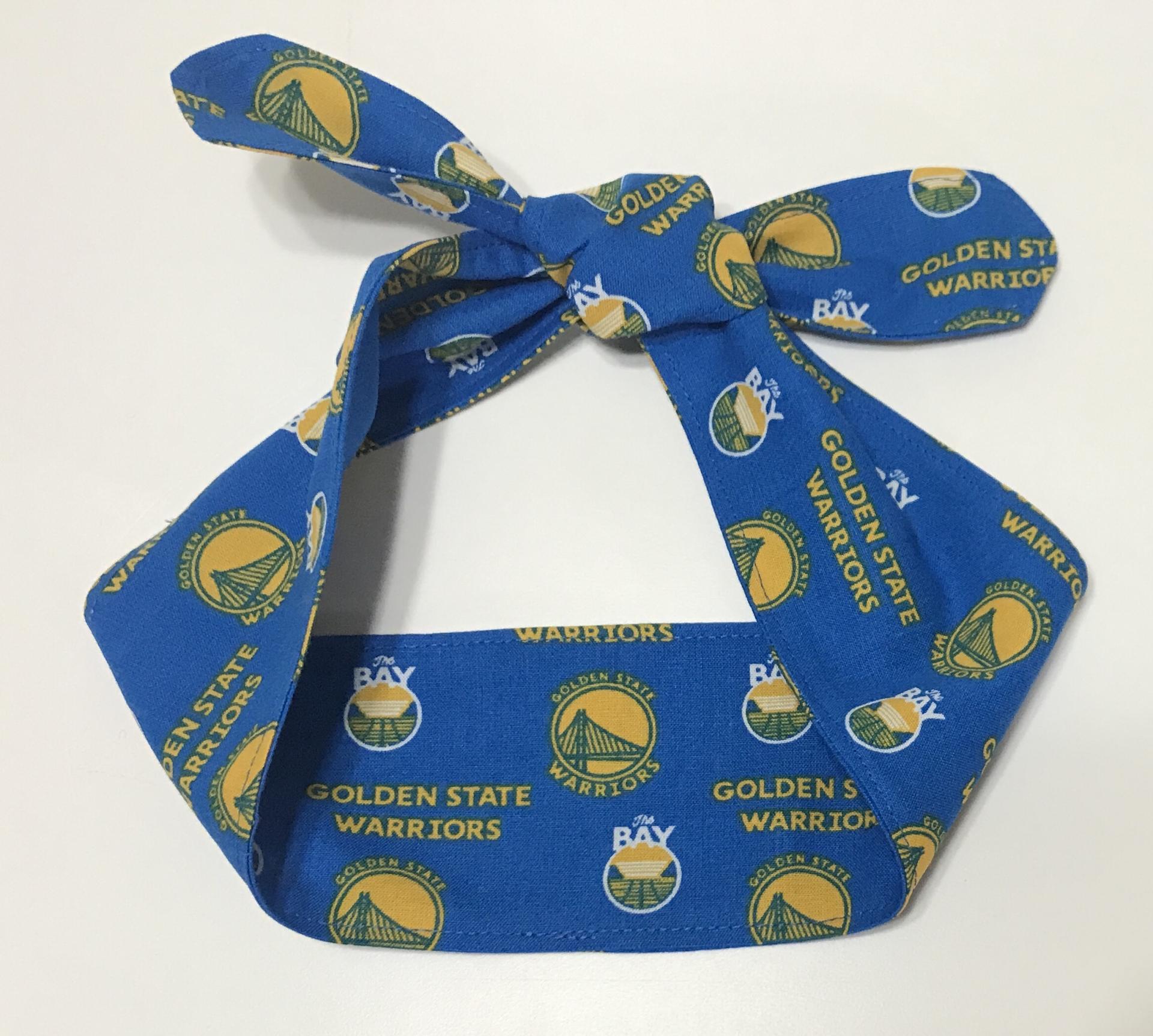 Golden State Warriors handmade narrow head scarf hair wrap, yellow on blue