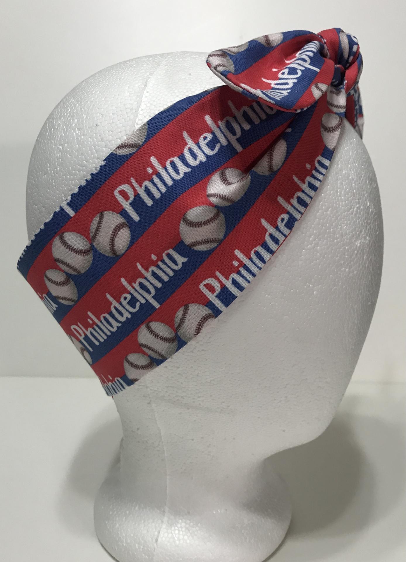 3” wide Philadelphia baseball headband, self tie, hair wrap, headband, pin up style, scarf, hair tie, bandana, retro, rockabilly