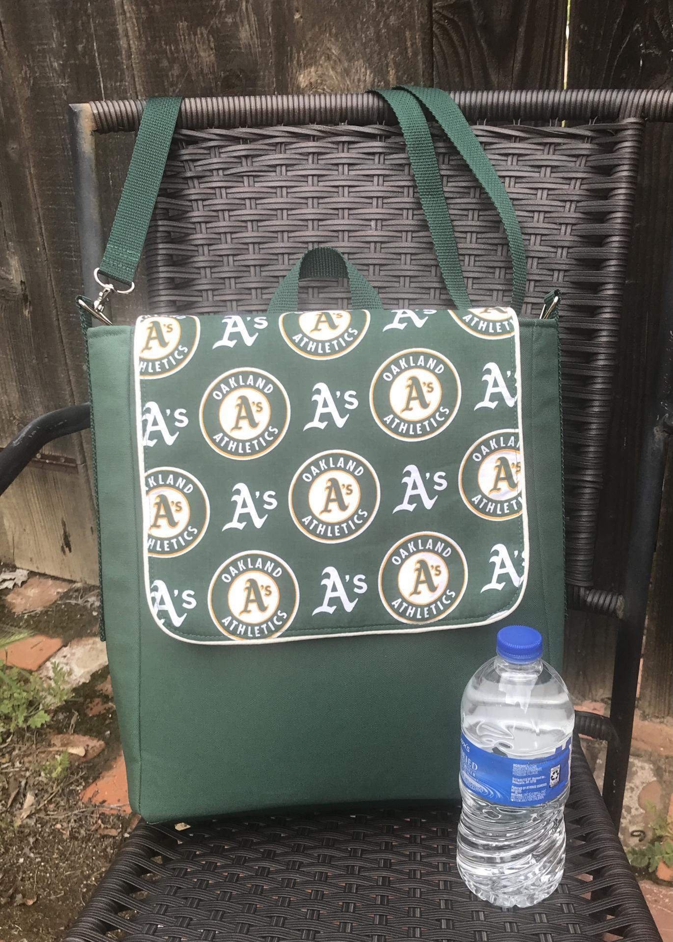 Slim messenger style cross body canvas bag, sized for a scorebook, vinyl bottom, Oakland A's Athletics baseball fan, tote, satchel, handmade