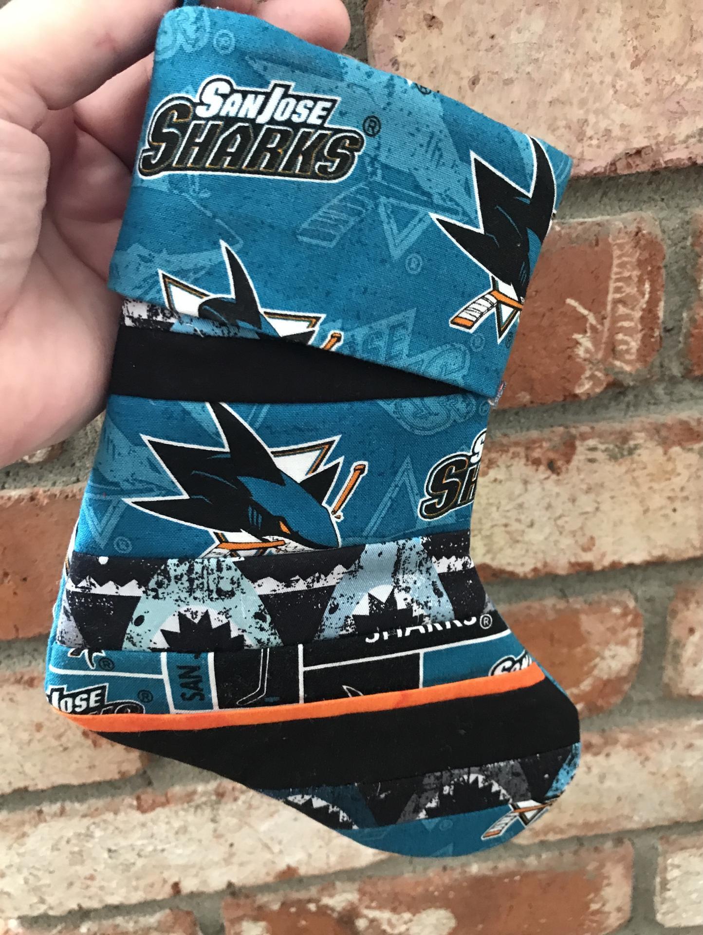 Small 9" San Jose Sharks Christmas Stocking, Quilted SJ Sharks Christmas Stocking, hockey, Sharks Christmas decoration, gift