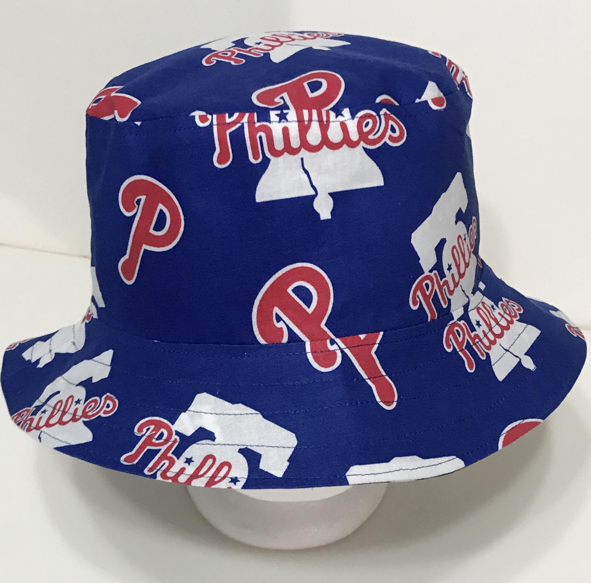 Reversible handmade Phillies & Eagles bucket hat, blue Phillies fabric side facing out