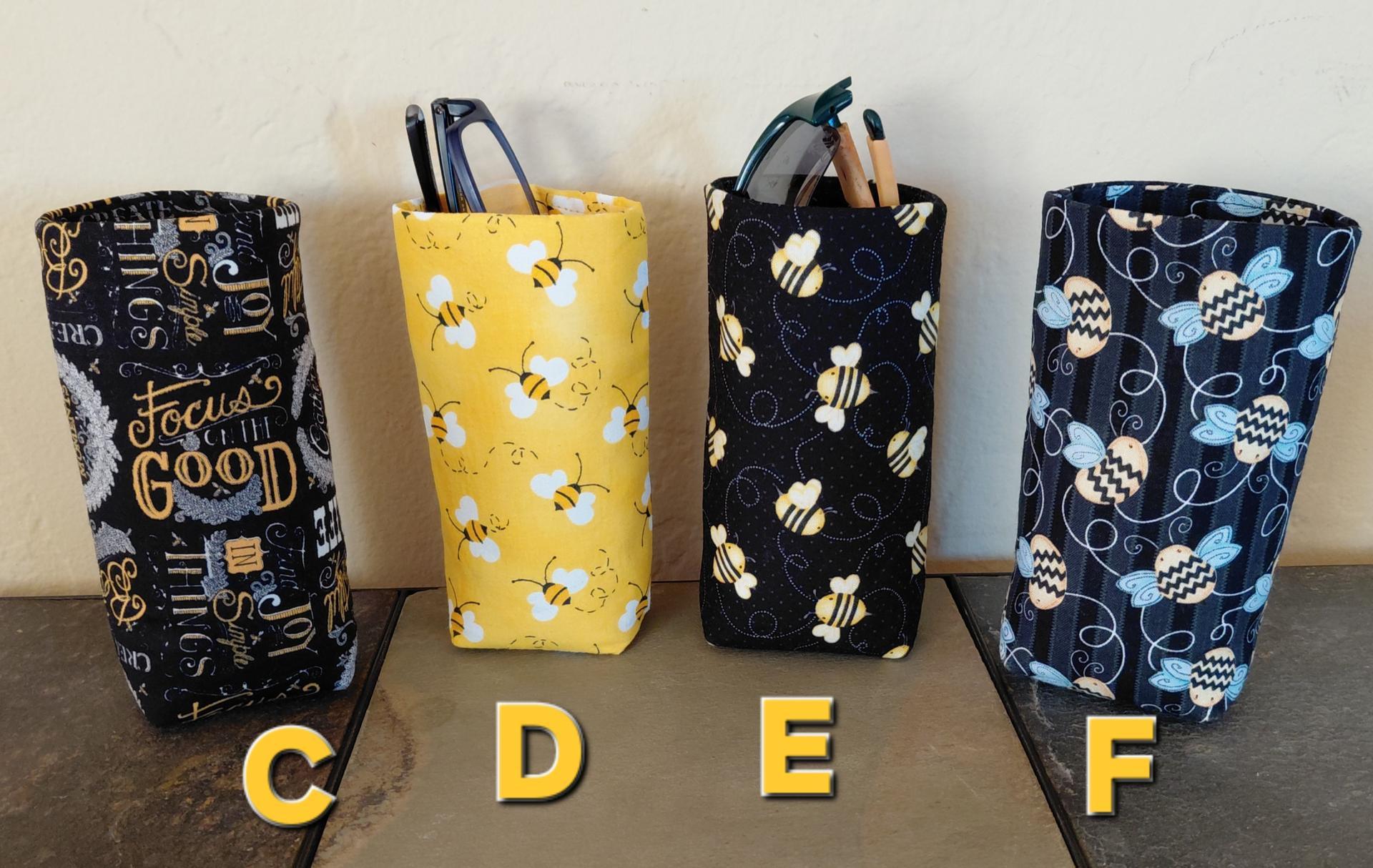 Bee Theme Upright Eyeglasses Holder, Reading Glasses Stand, Eyeglasses Cup, Weighted Fabric Eyeglasses Case, Bee Lover Gift, Handmade