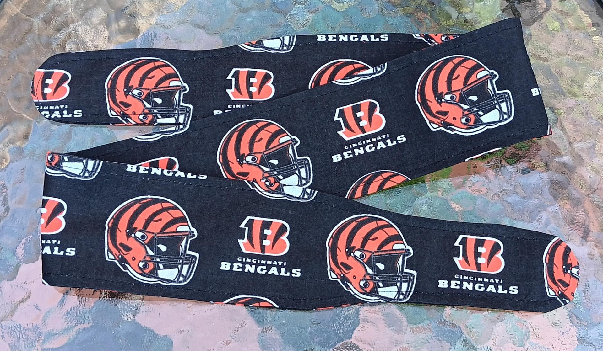 3” wide Cincinnati Bengals headband, handmade, self tie, pin up style, hair tie, scarf, bandana, retro style, rockabilly, hat band