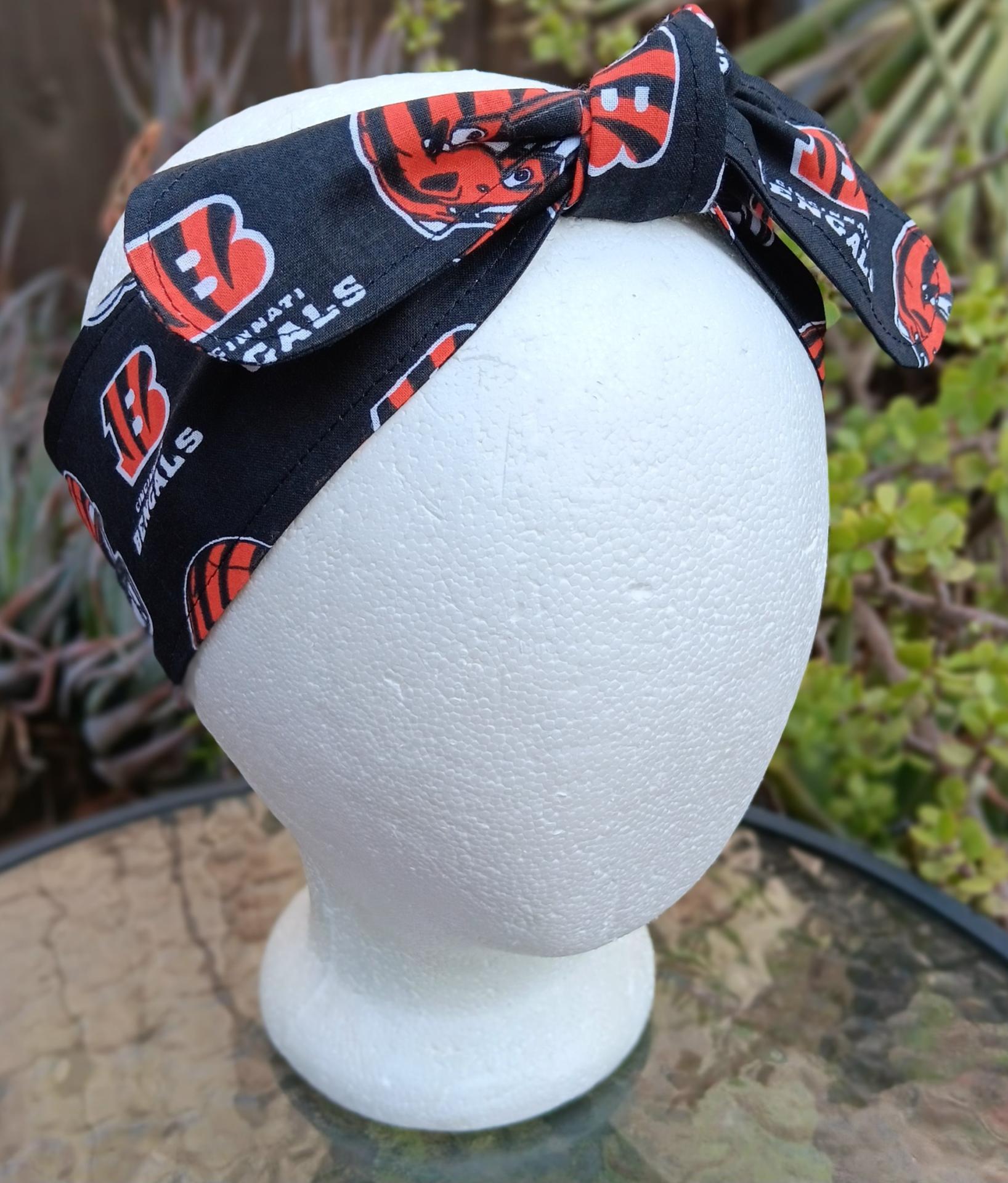3” wide Cincinnati Bengals headband, handmade, self tie, pin up style, hair tie, scarf, bandana, retro style, rockabilly, hat band