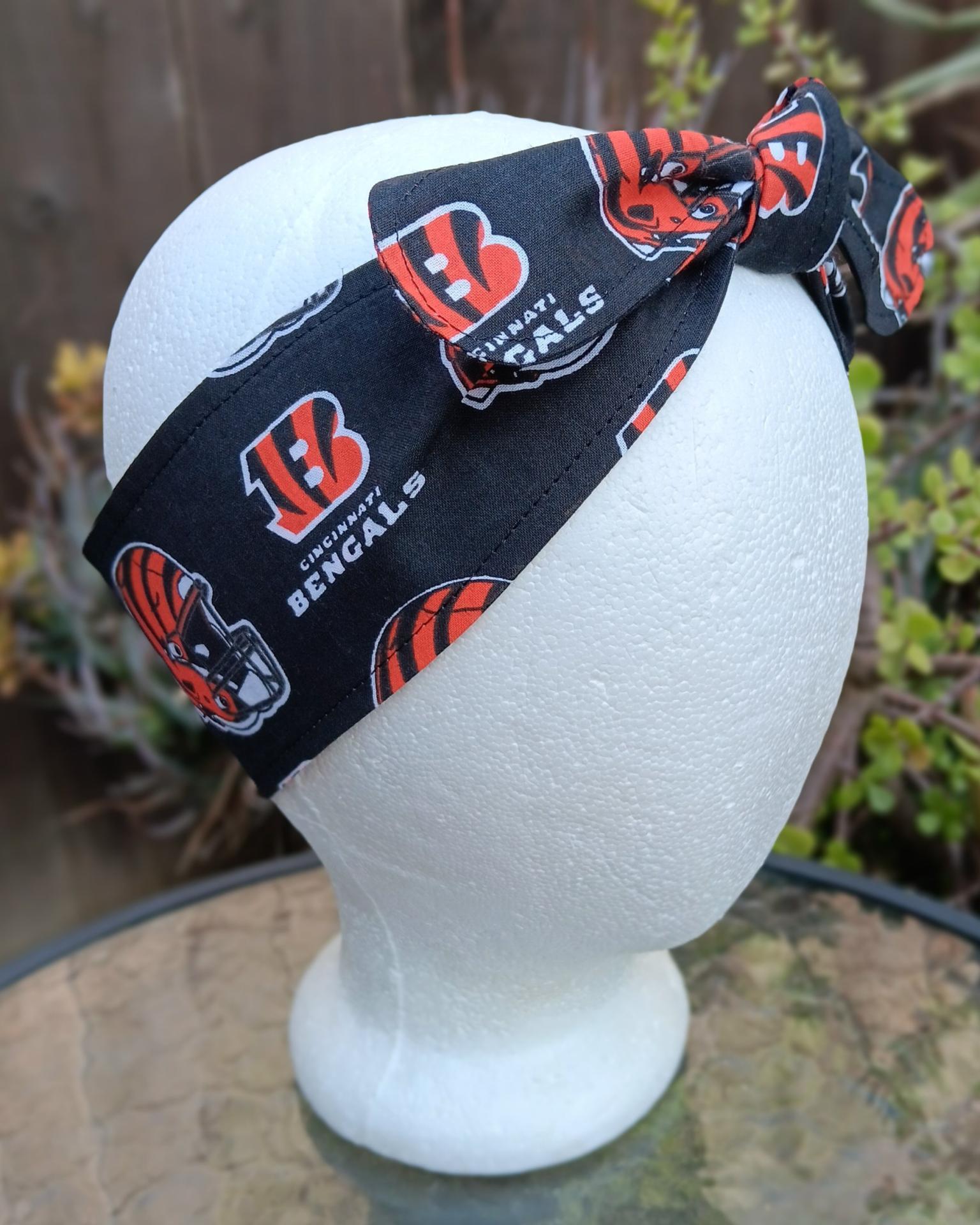 3” wide Cincinnati Bengals headband, handmade, self tie, pin up style, hair tie, scarf, bandana, retro style, rockabilly, hat band
