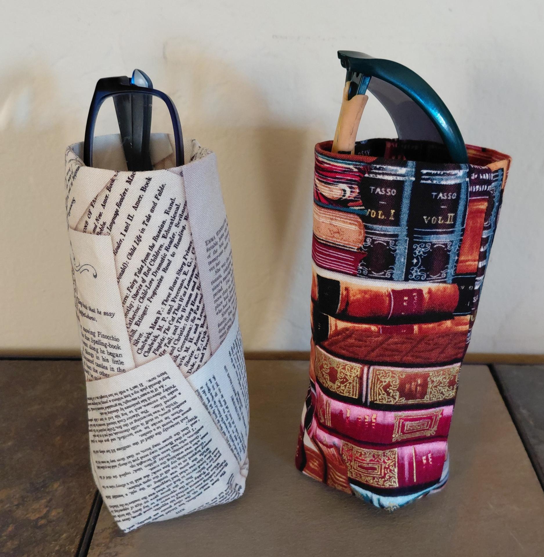 Books Print Upright Eyeglasses Holder, Handmade Fabric Reading Glasses Stand, Weighted Eyeglasses Case, Gift for Book Lover, Handmade