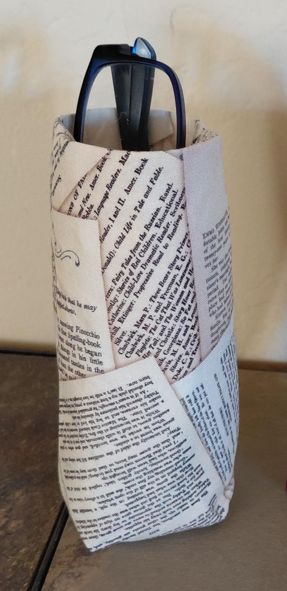 Books Print Upright Eyeglasses Holder, Handmade Fabric Reading Glasses Stand, Weighted Eyeglasses Case, Gift for Book Lover, Handmade