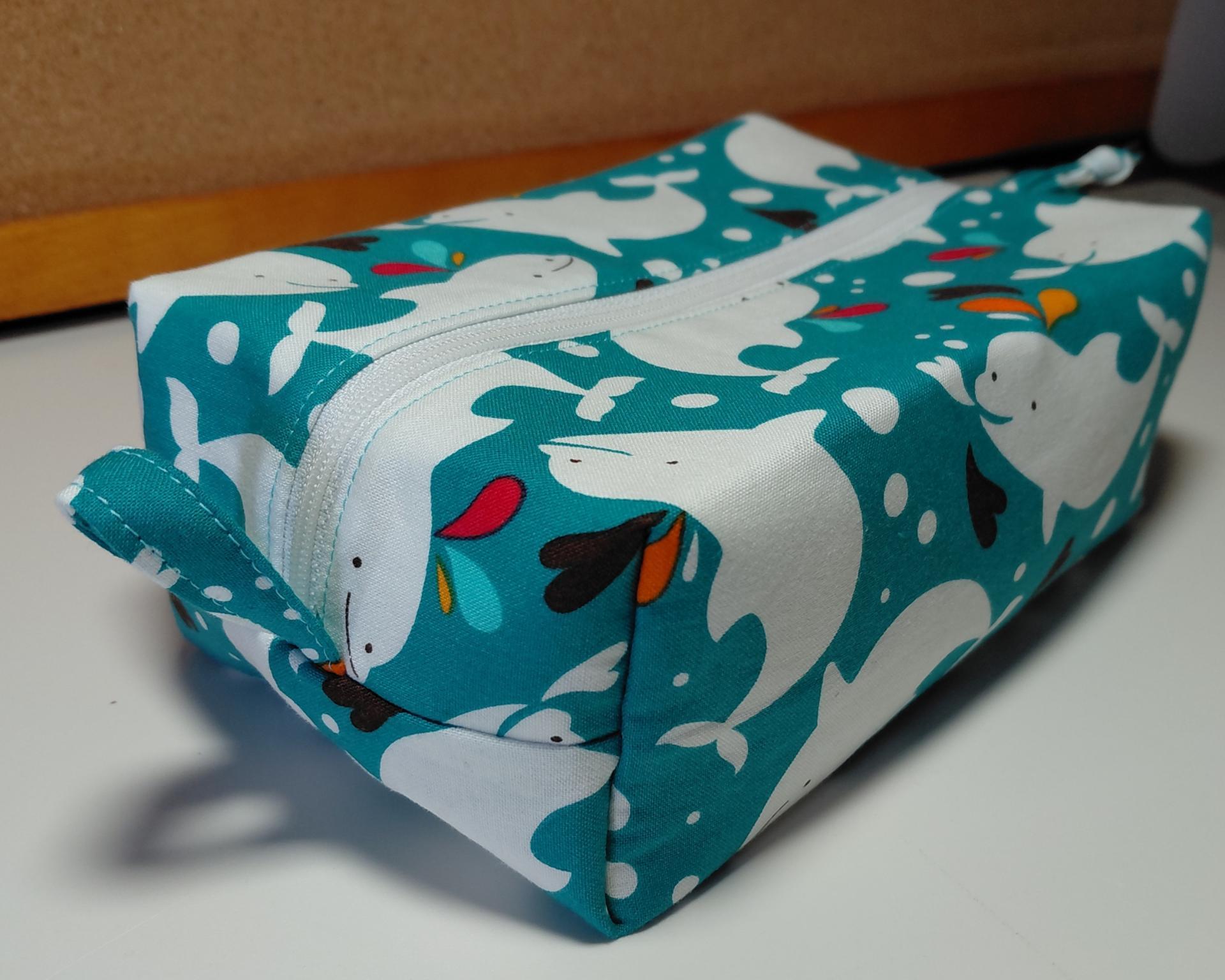 Boxy Zipper Pouch Cosmetic Bag, White Whales, Baby Shower Gift, Children's Print, Gift for Whale Lover