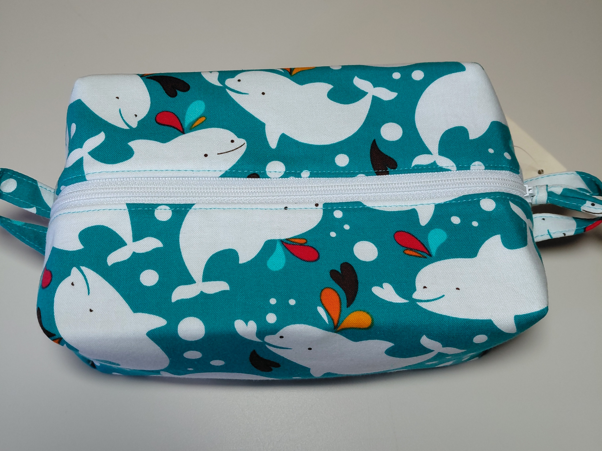 Boxy Zipper Pouch Cosmetic Bag, White Whales, Baby Shower Gift, Children's Print, Gift for Whale Lover