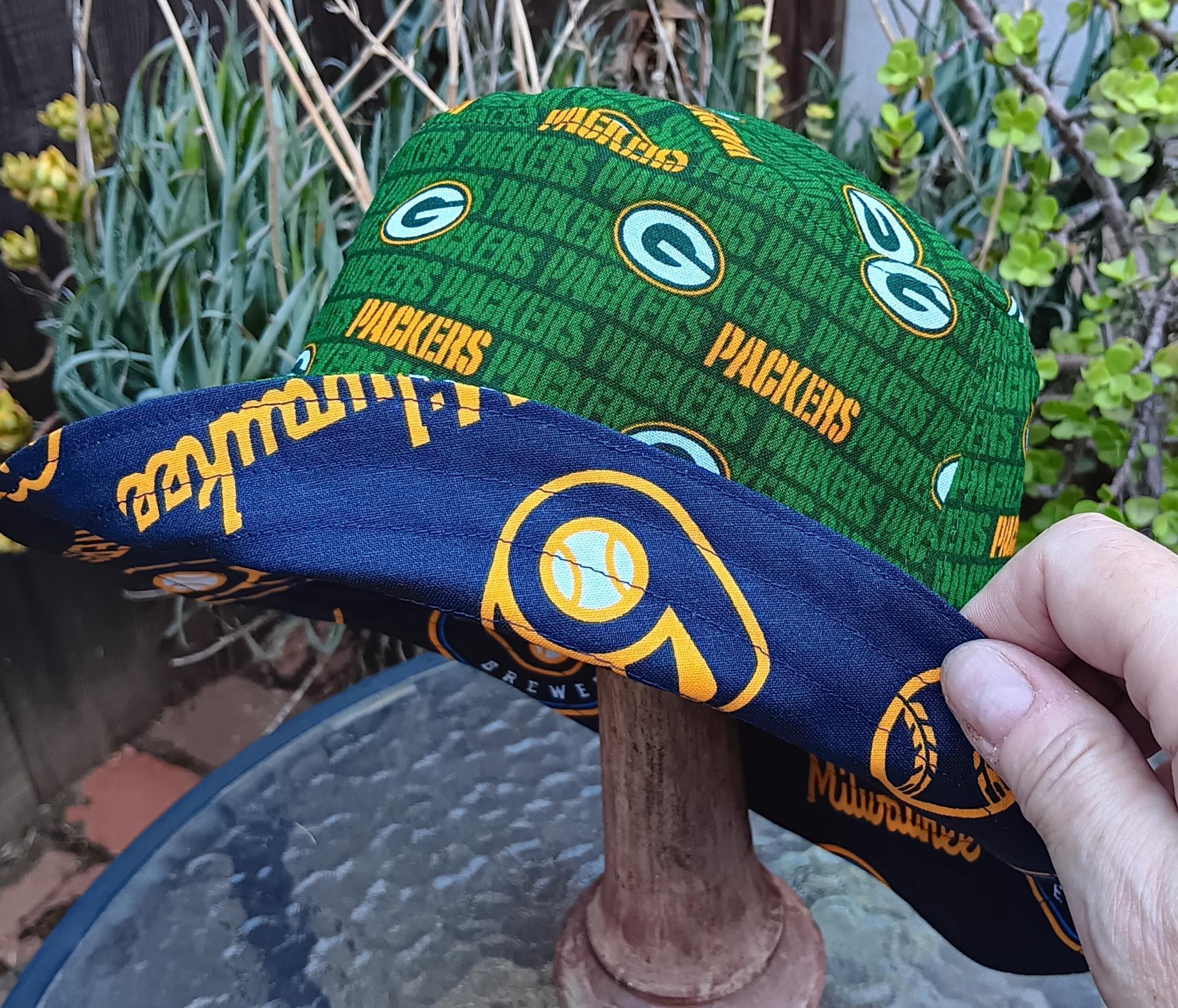 Green Bay Packers / Milwaukee Brewers Bucket Hat, Handmade, Reversible, Unisex, Sizes up to 4XL, fishing hat, Wisconsin, sun hat, floppy hat