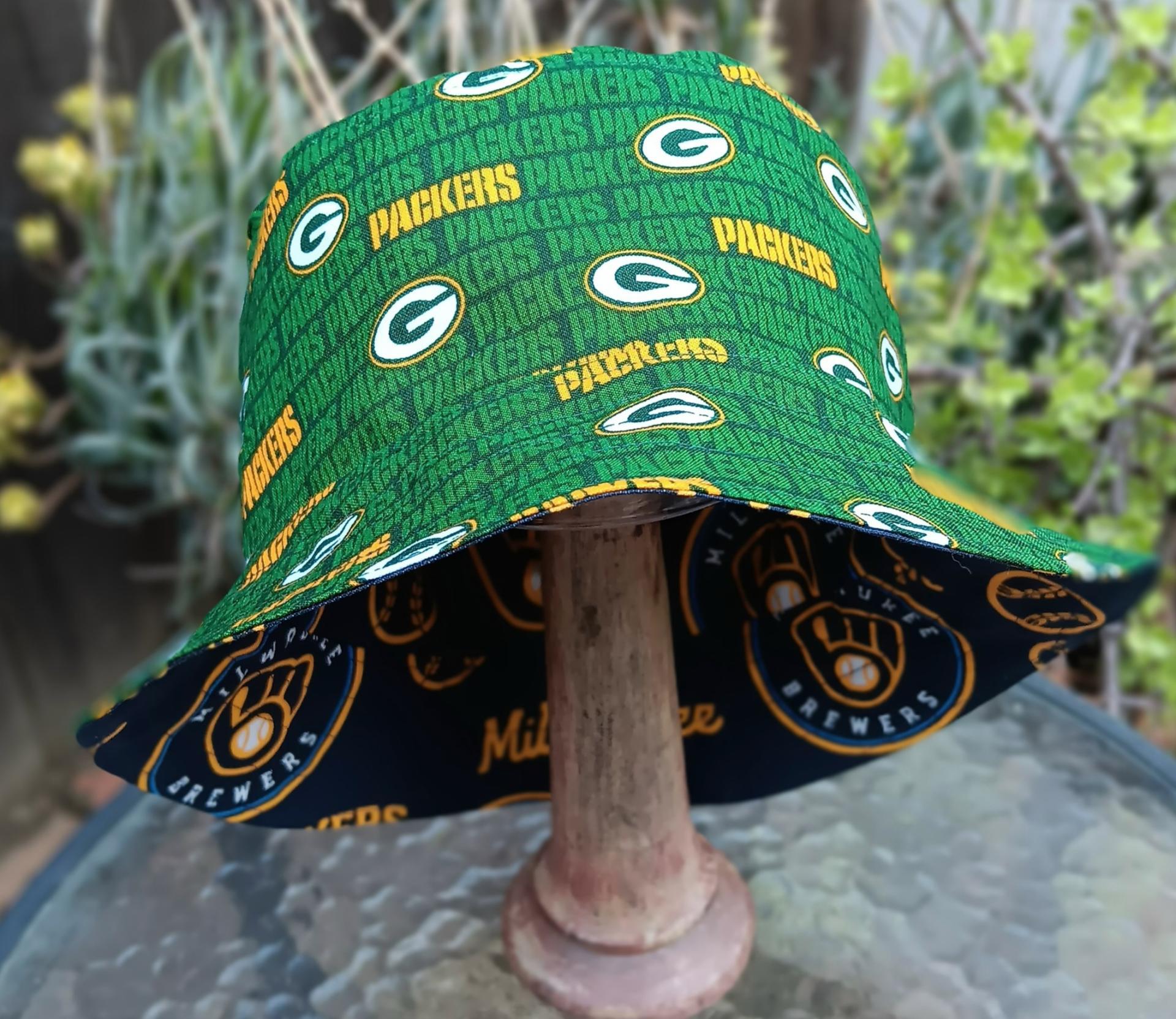 Green Bay Packers / Milwaukee Brewers Bucket Hat, Handmade, Reversible, Unisex, Sizes up to 4XL, fishing hat, Wisconsin, sun hat, floppy hat