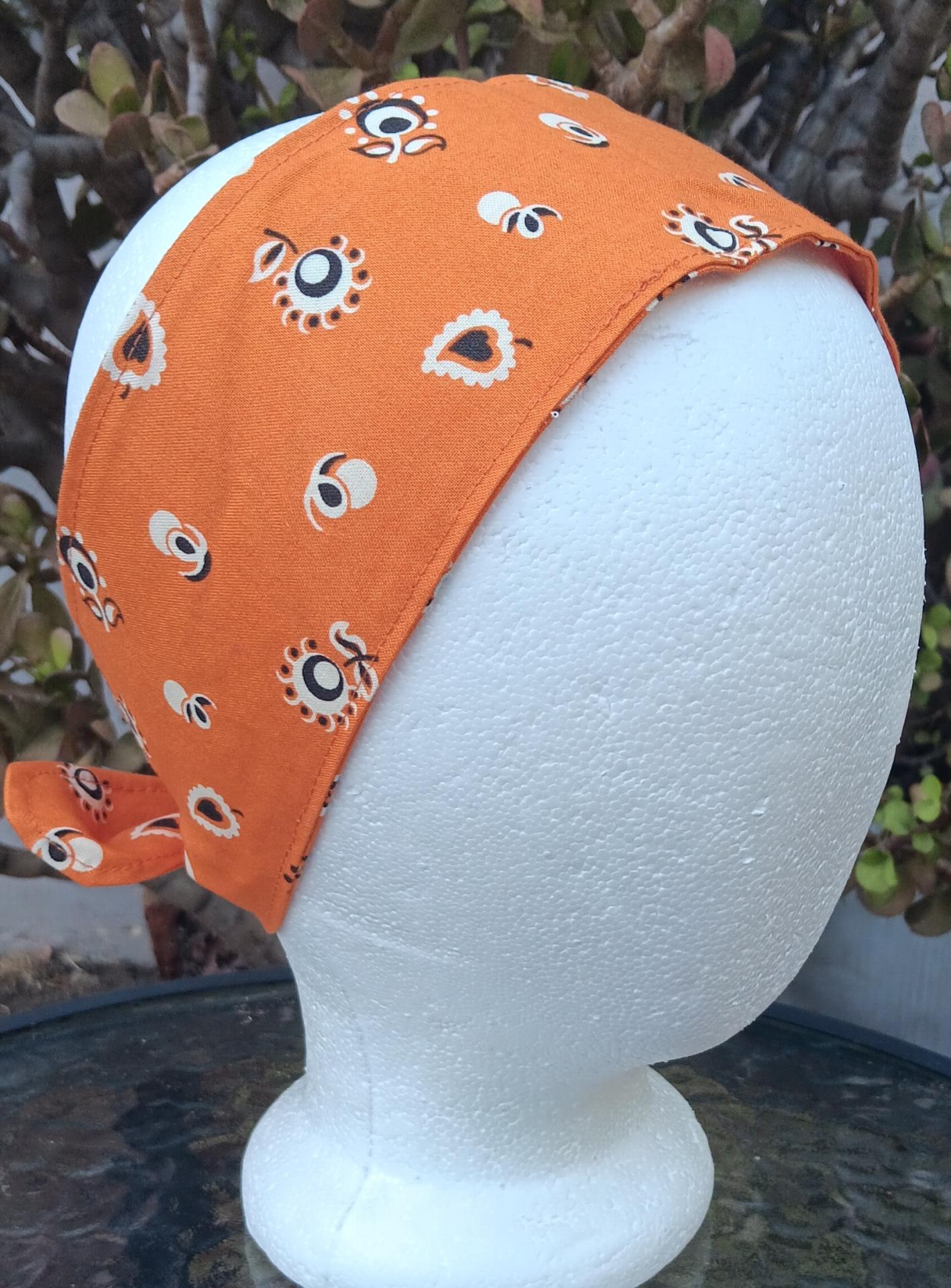 3” Wide Burnt Orange Floral Bandana Print Headband, self tie, hair wrap, pin up style, hair tie, retro style, rockabilly