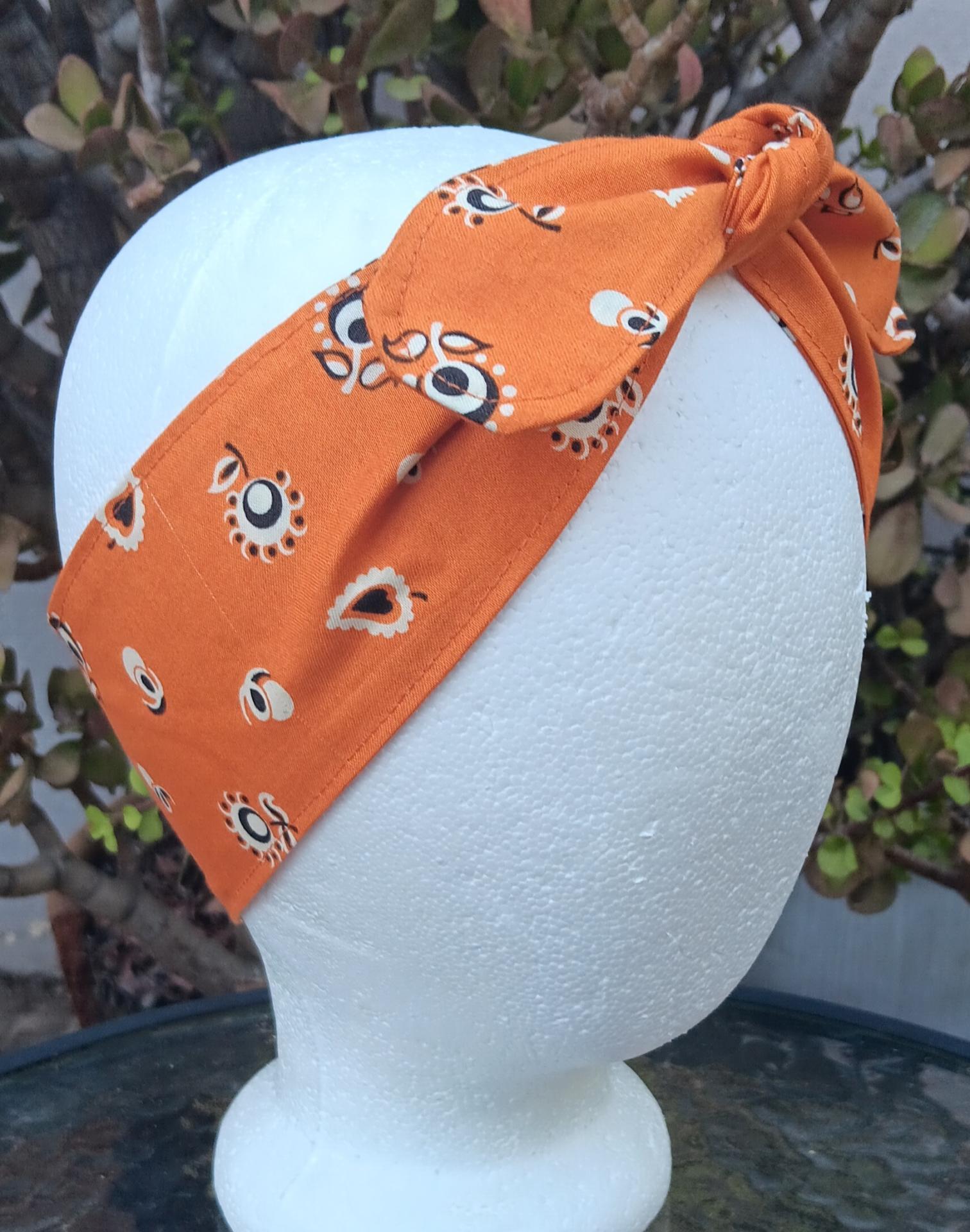 3” Wide Burnt Orange Floral Bandana Print Headband, self tie, hair wrap, pin up style, hair tie, retro style, rockabilly