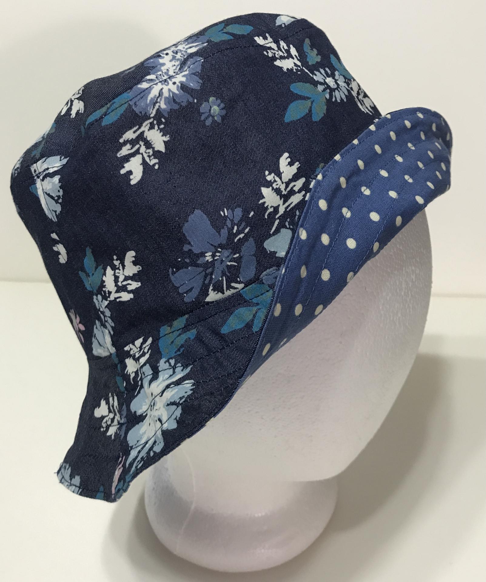 Floral Denim Bucket Hat, Reversible, Sizes S-XXL, Cotton, floppy hat, gardening hat, sun hat, casual hat, woman's fishing hat, polka dots, adults or older children