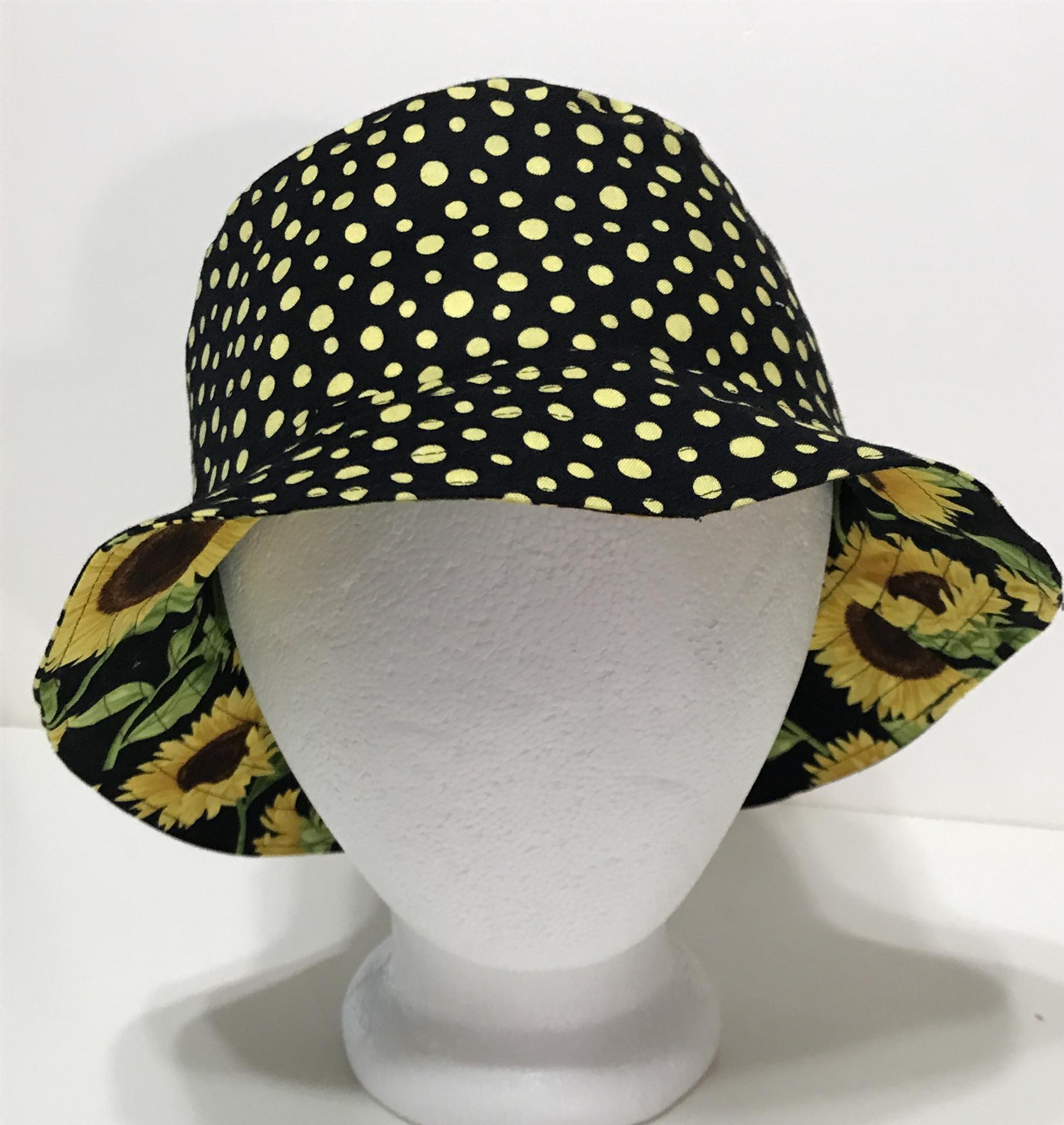 Sunflower Floral Bucket Hat, Reversible, LARGE, Handmade Sun Hat, Floppy Hat, Polka Dots