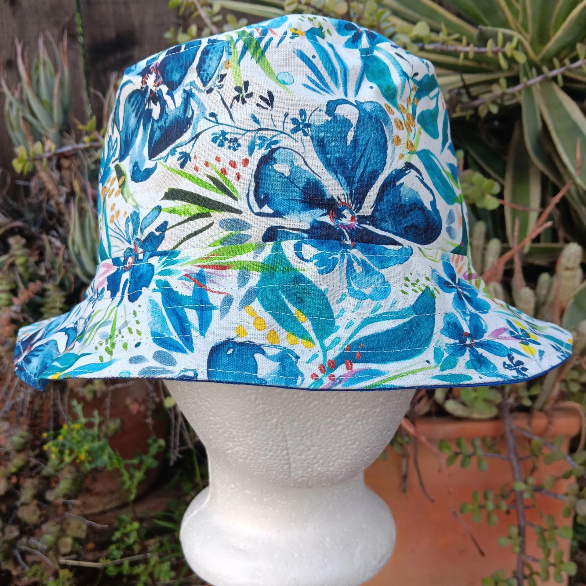 Canvas Watercolor Floral Bucket Hat, Reversible, Blue Flowers, Sizes S-XXL, Cotton, Tropical Hat, Floppy Hat, adults or older children