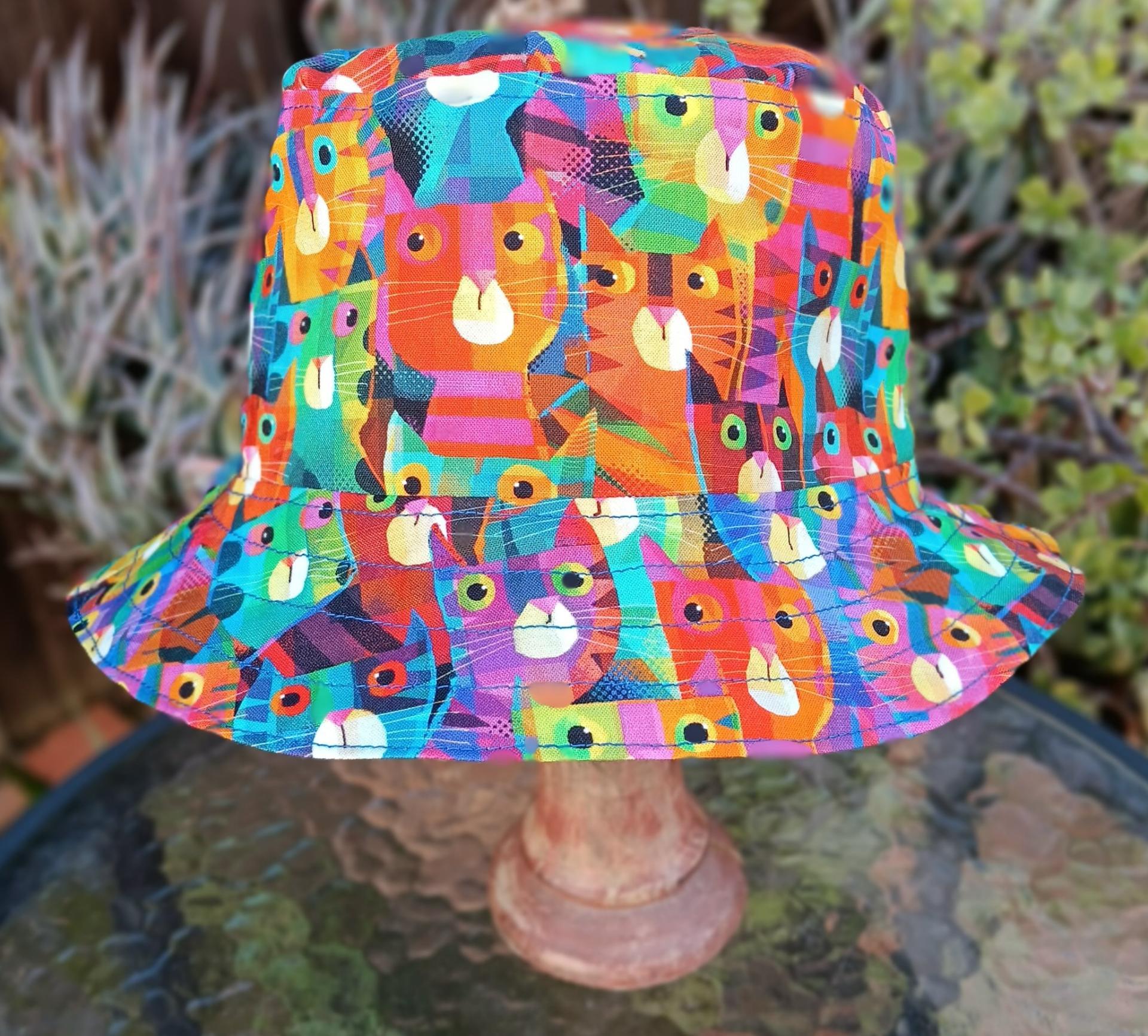 Bright Multicolor Cats Bucket Hat, Reversible to Blue, Sizes up to 4XL, sun hat, floppy hat, gift for cat lover, handmade