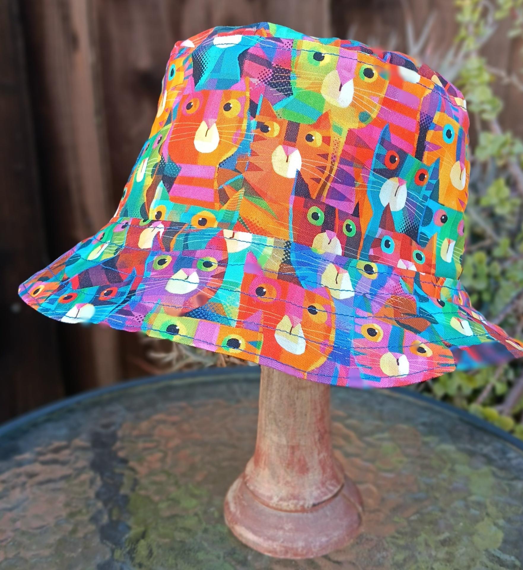 Bright Multicolor Cats Bucket Hat, Reversible to Blue, Sizes up to 4XL, sun hat, floppy hat, gift for cat lover, handmade
