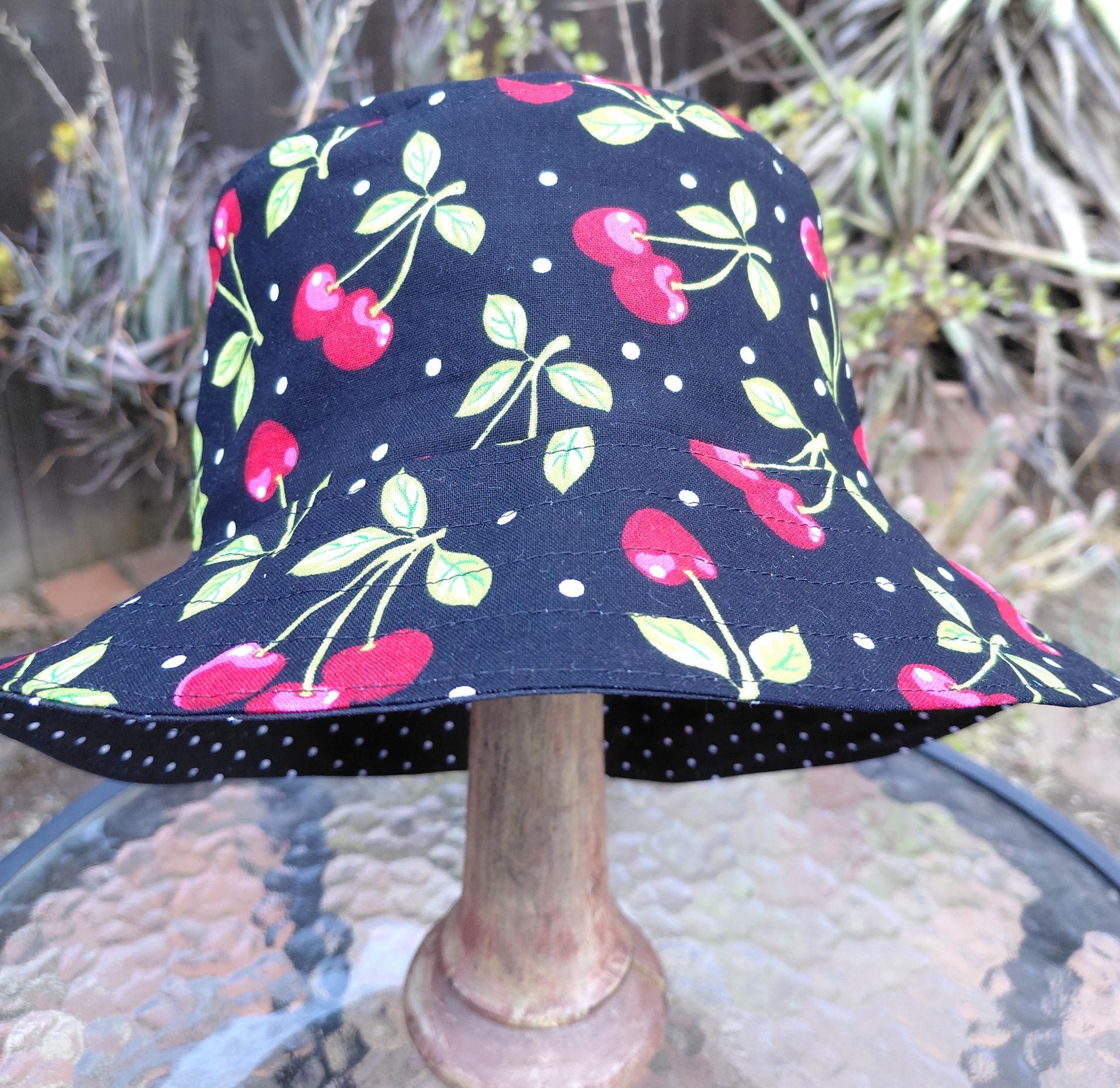 Cherries Bucket Hat, Black & White Polka Dots, Sizes up to 4XL, floppy hat, fishing hat, sun hat, beach hat, summer hat, adults & children