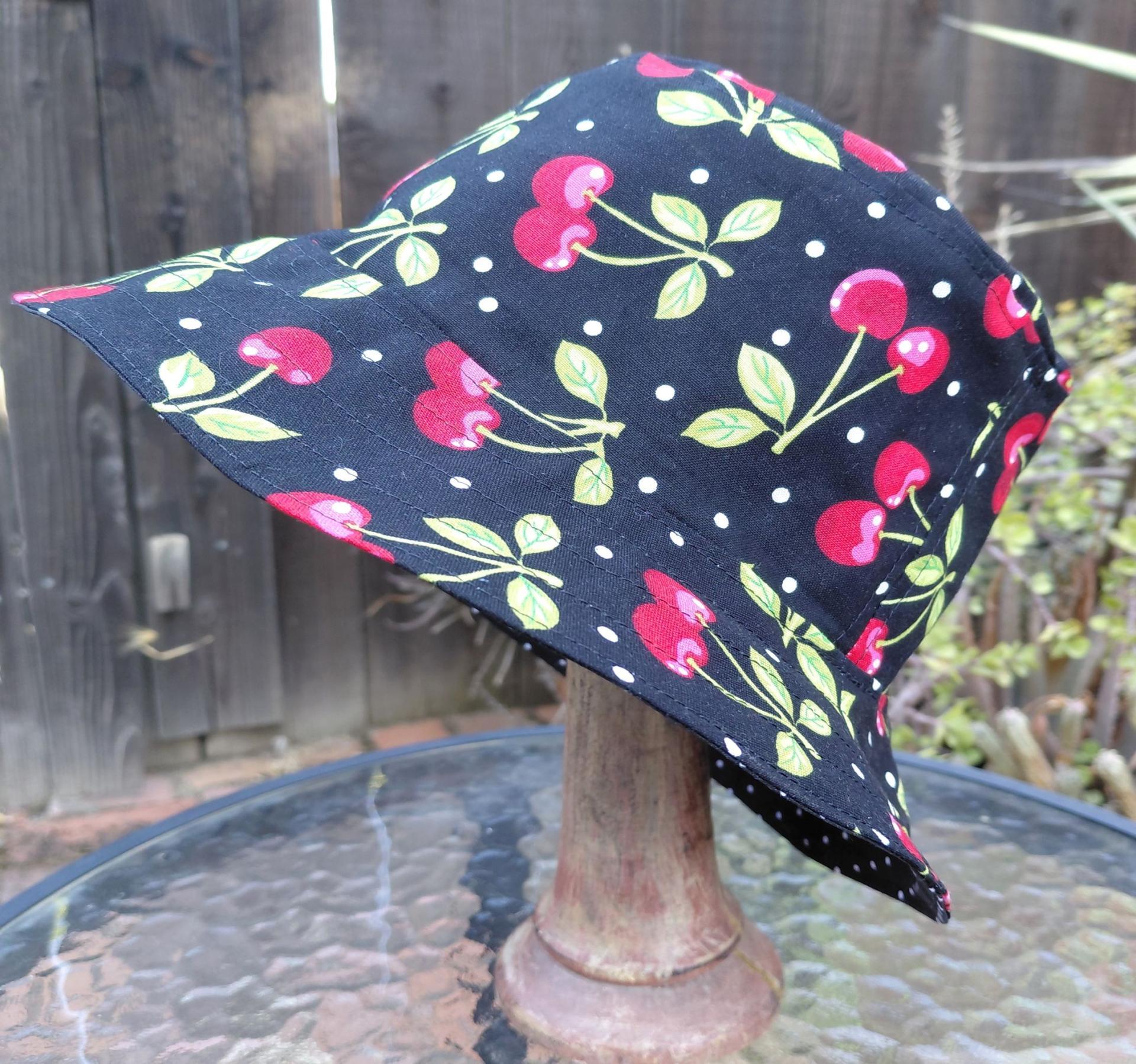 Cherries Bucket Hat, Black & White Polka Dots, Sizes up to 4XL, floppy hat, fishing hat, sun hat, beach hat, summer hat, adults & children