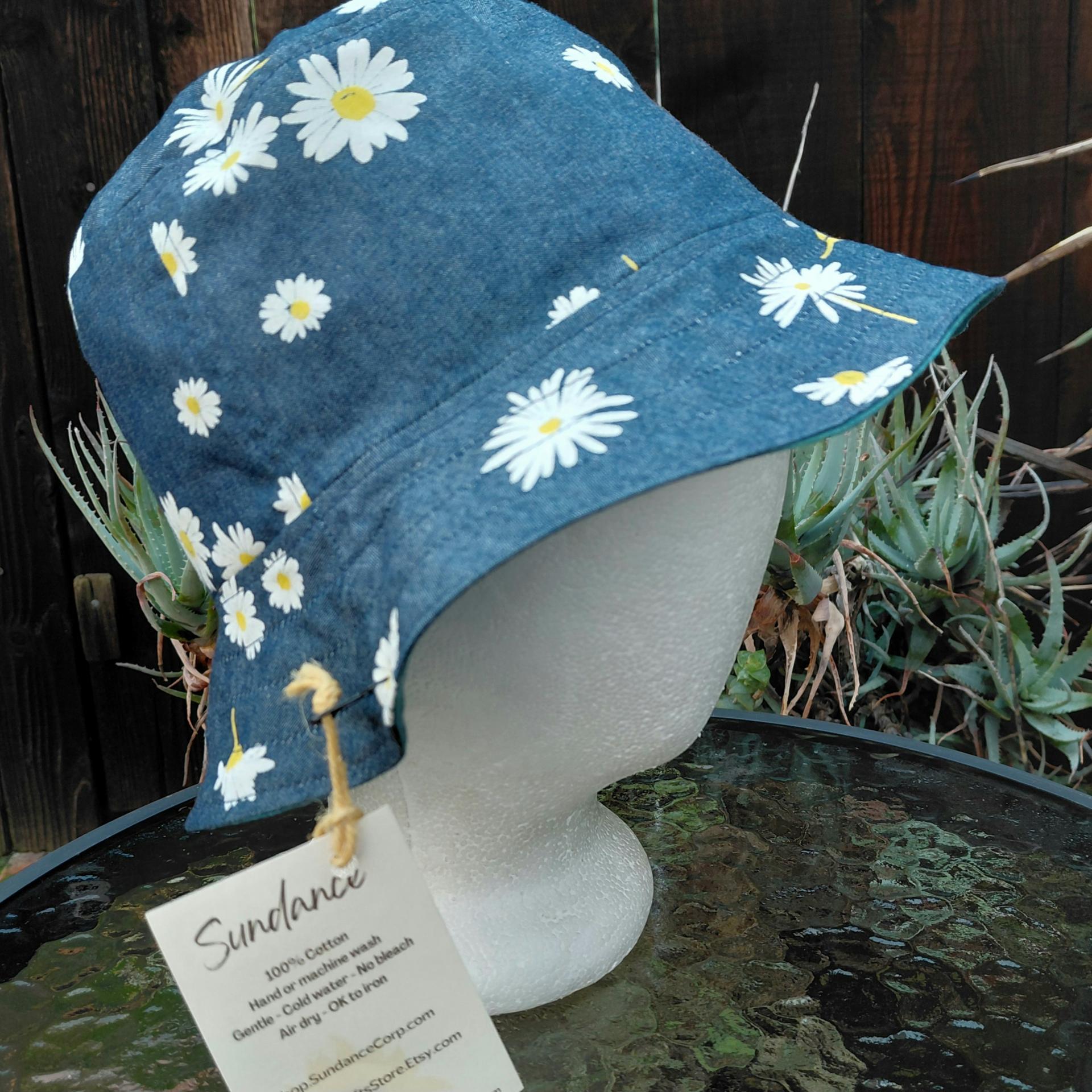 Daisies & Denim Floral Bucket Hat, Reversible, Size Medium, Cotton, floppy hat, sun hat, fishing hat