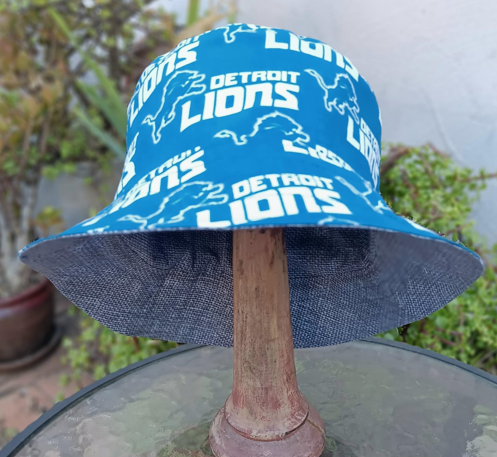 Detroit Lions Bucket Hat, Handmade, Reversible to Grey, Sizes up to 4XL, summer hat, fishing hat, sun hat, floppy hat, ponytail hat