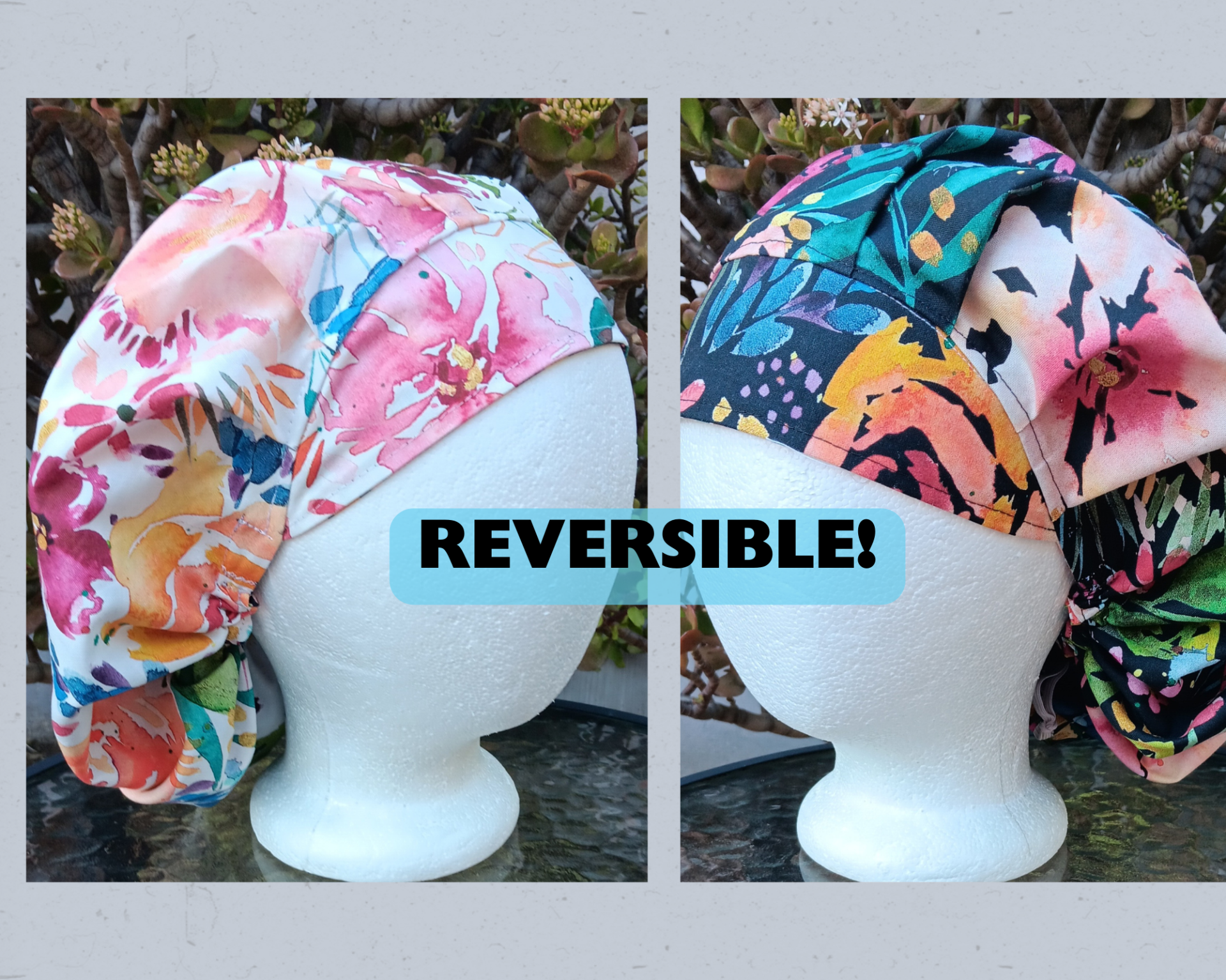 Bouffant Reversible Watercolor Floral scrub cap, adjustable, nurse, technician, doctor, food service, handmade