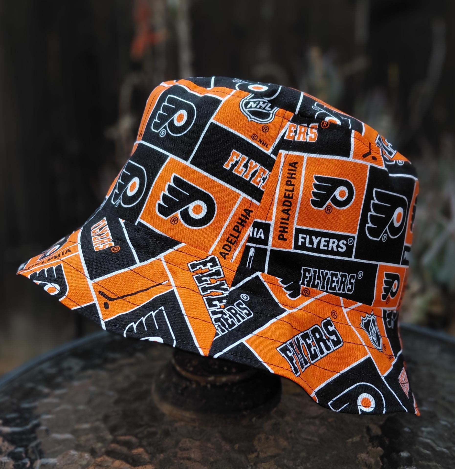 Philadelphia Flyers Bucket Hat, Handmade, Reversible to Black, Sizes up to 4XL, fishing hat, sun hat, floppy hat, ponytail hat, hockey