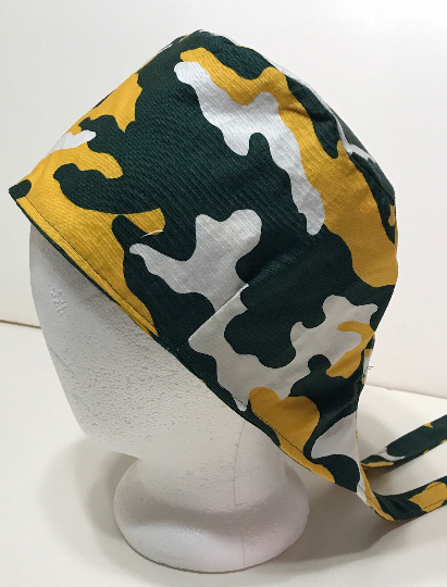 Reversible Green Bay Packers & Camouflage scrub cap, tie back, cotton, skull cap, welding cap, for nurse tech technician doctor, handmade