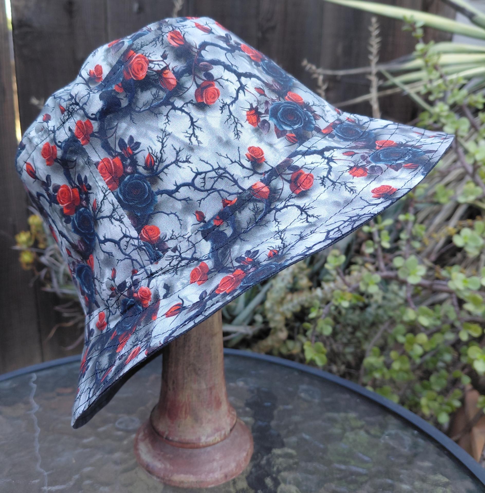 Goth Roses Bucket Hat, Moody Hat, Sizes up to 4XL, sun hat, fishing hat, ponytail hat, moody style, floppy hat, handmade