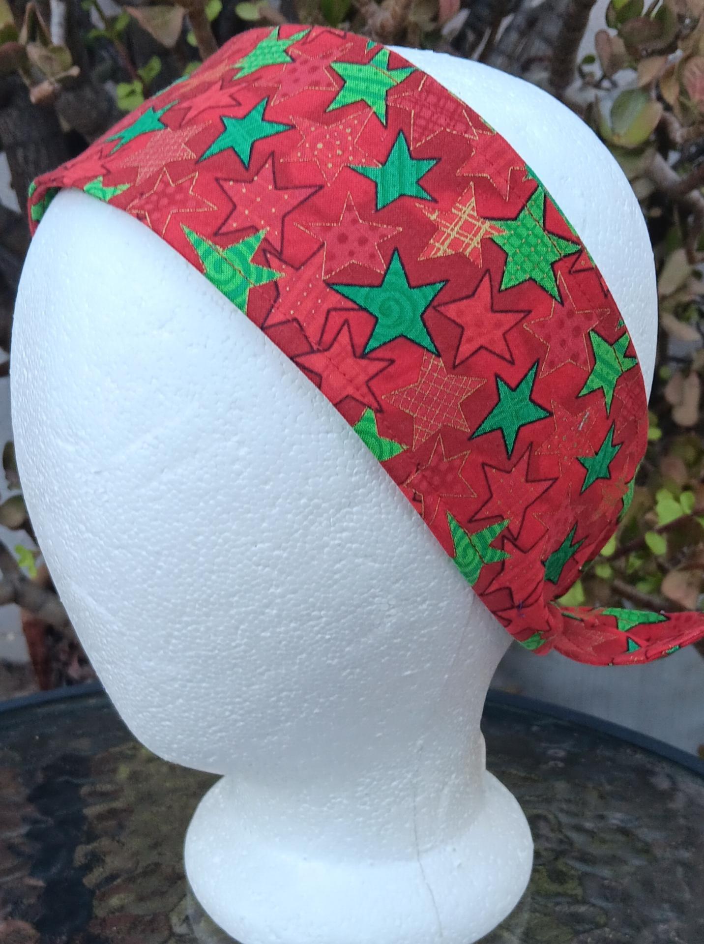 3” Wide Christmas Headband, Green & Red Stars, hair tie, hair wrap, pin up style, rockabilly style, retro style