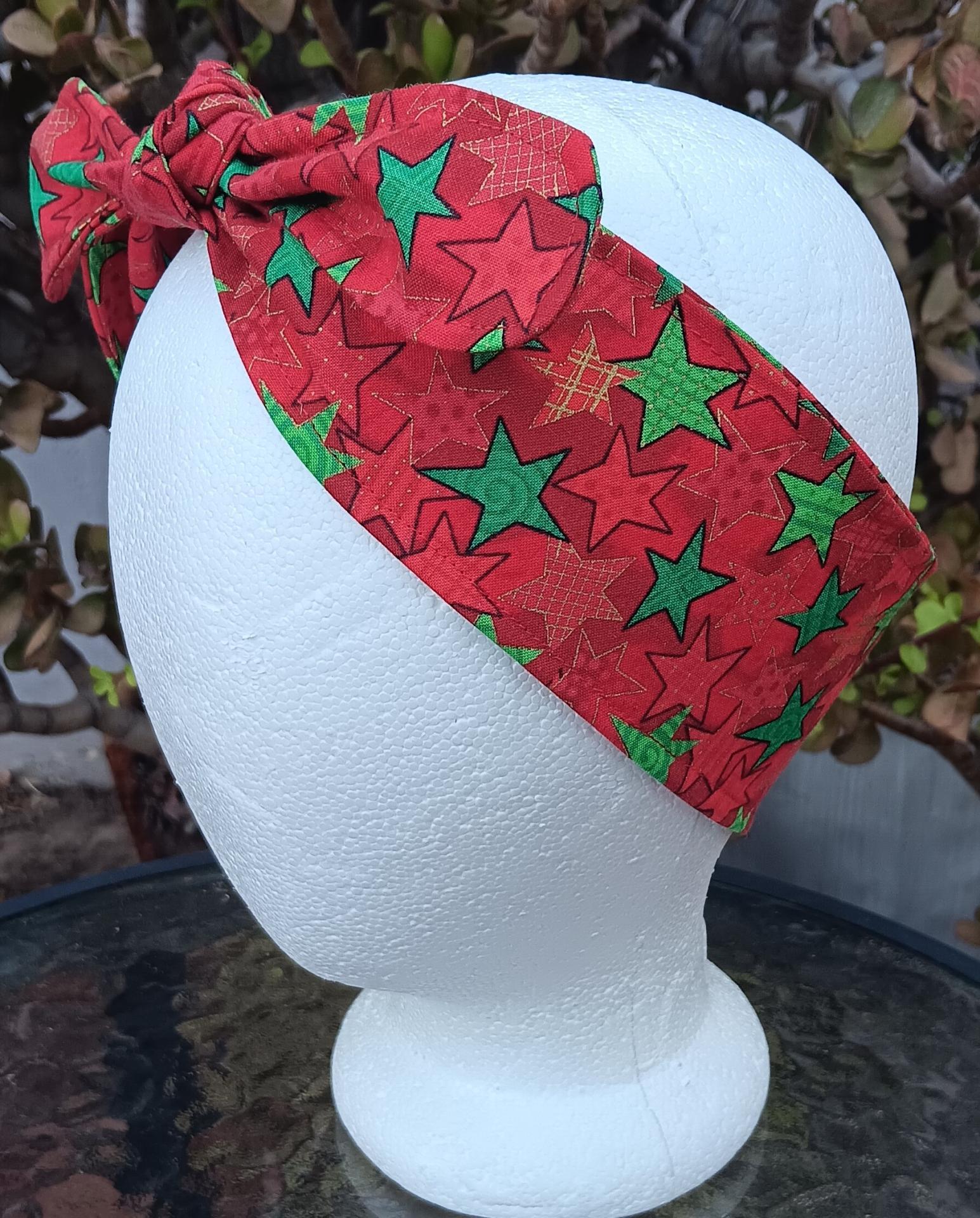 3” Wide Christmas Headband, Green & Red Stars, hair tie, hair wrap, pin up style, rockabilly style, retro style