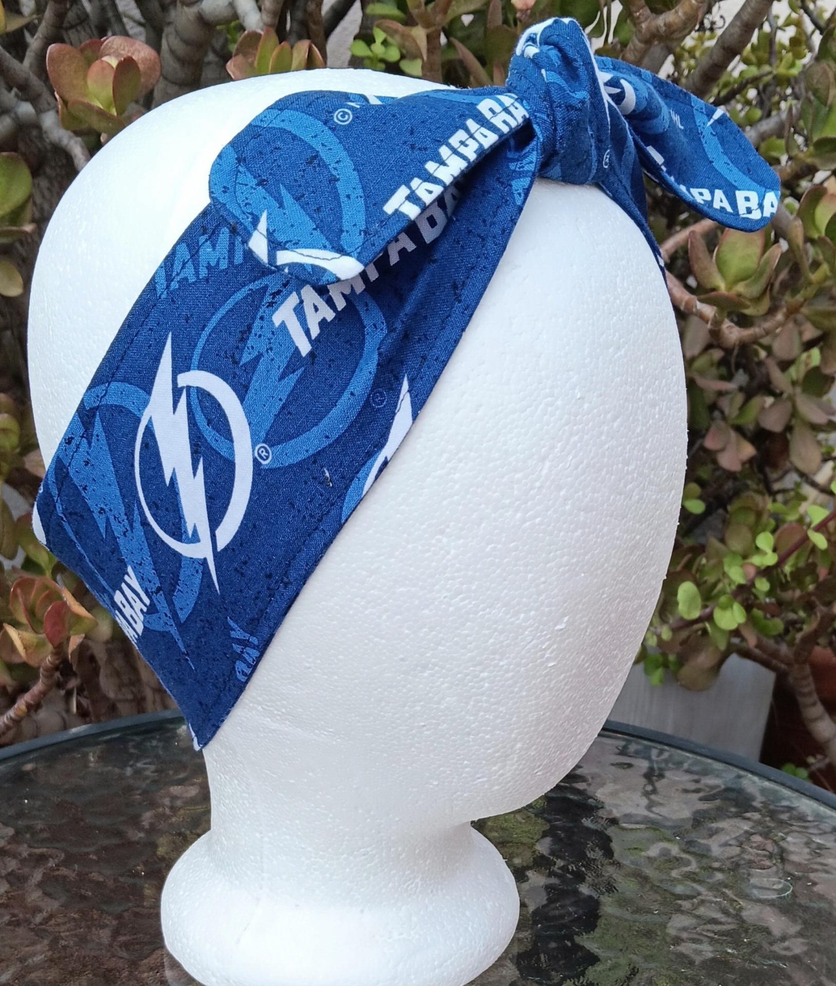 3” Wide Tampa Bay Lightning headband, self tie, handmade, hair wrap, pin up style, hair tie, scarf, rockabilly, bandana, hockey