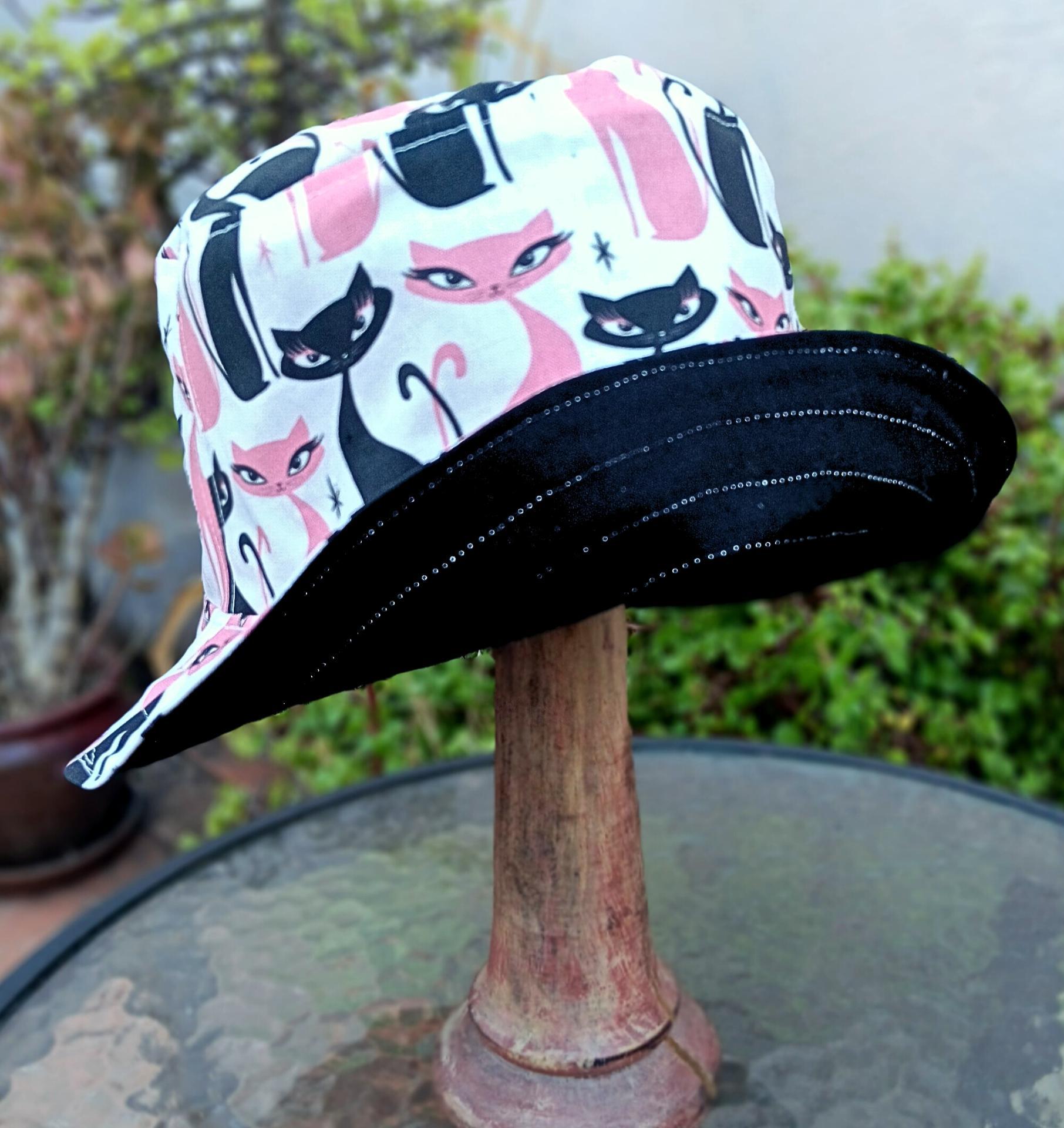 Mod Cats Bucket Hat, Reversible to Black, Sizes up to 4XL, summer hat, sun hat, floppy hat, retro style gift for cat lover, handmade