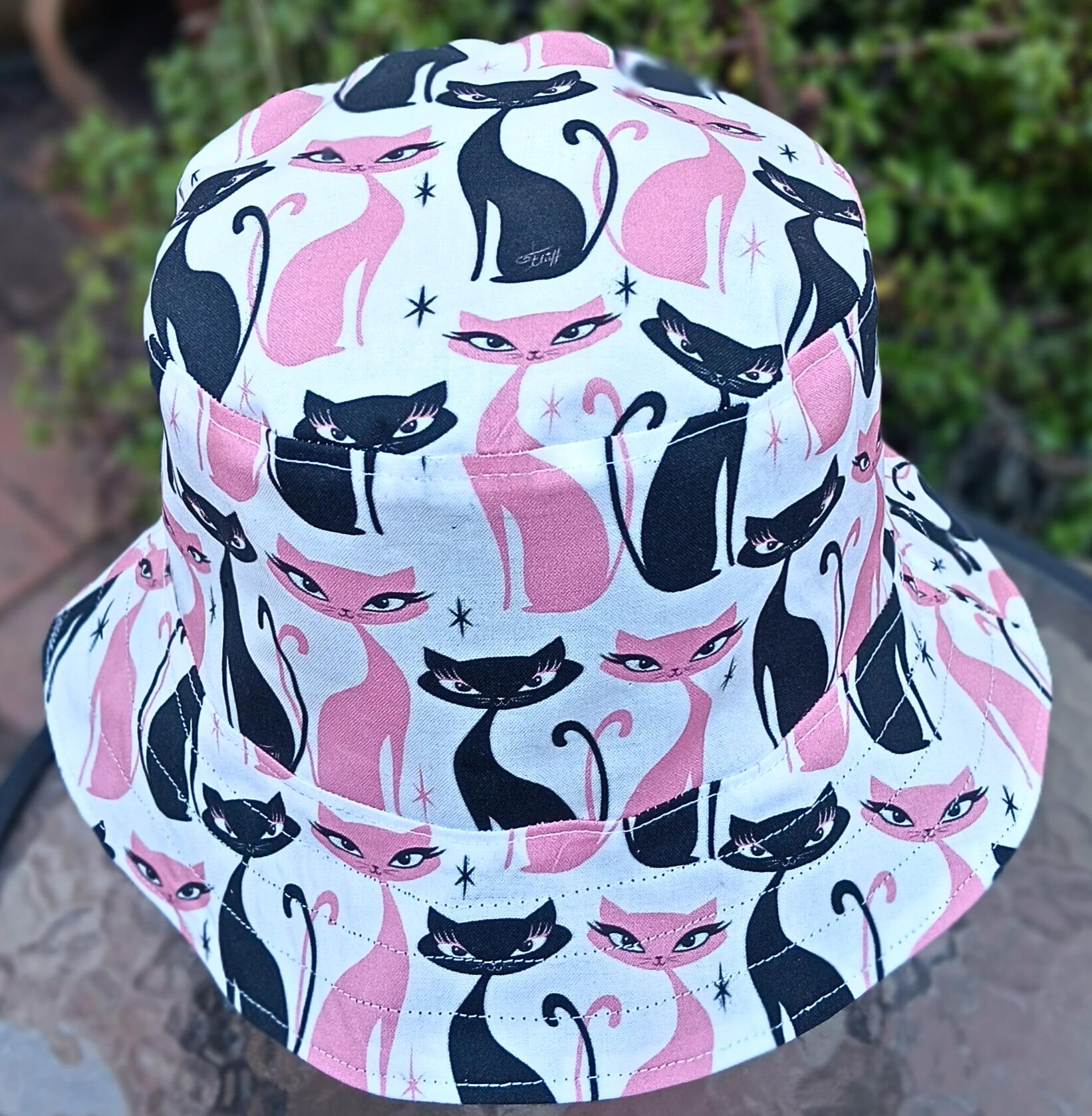 Mod Cats Bucket Hat, Reversible to Black, Sizes up to 4XL, summer hat, sun hat, floppy hat, retro style gift for cat lover, handmade