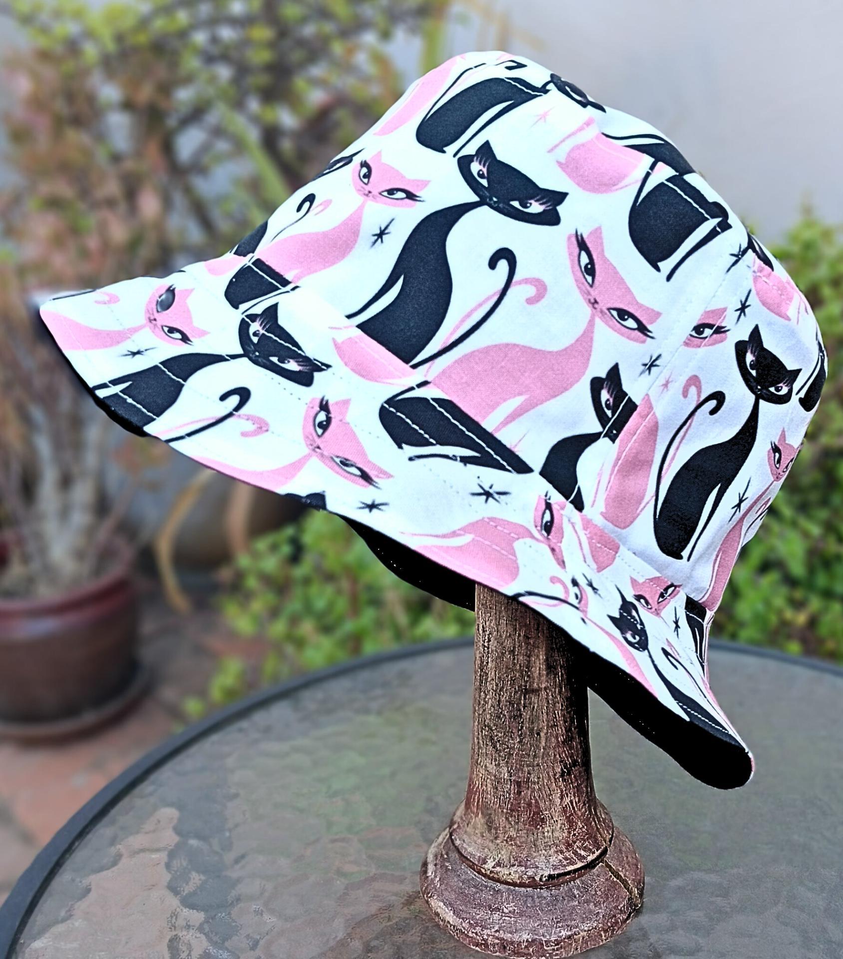 Mod Cats Bucket Hat, Reversible to Black, Sizes up to 4XL, summer hat, sun hat, floppy hat, retro style gift for cat lover, handmade