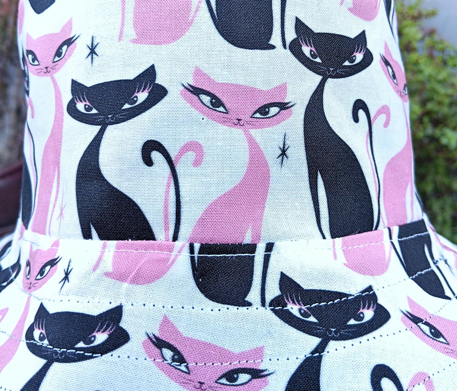 Mod Cats Bucket Hat, Reversible to Black, Sizes up to 4XL, summer hat, sun hat, floppy hat, retro style gift for cat lover, handmade