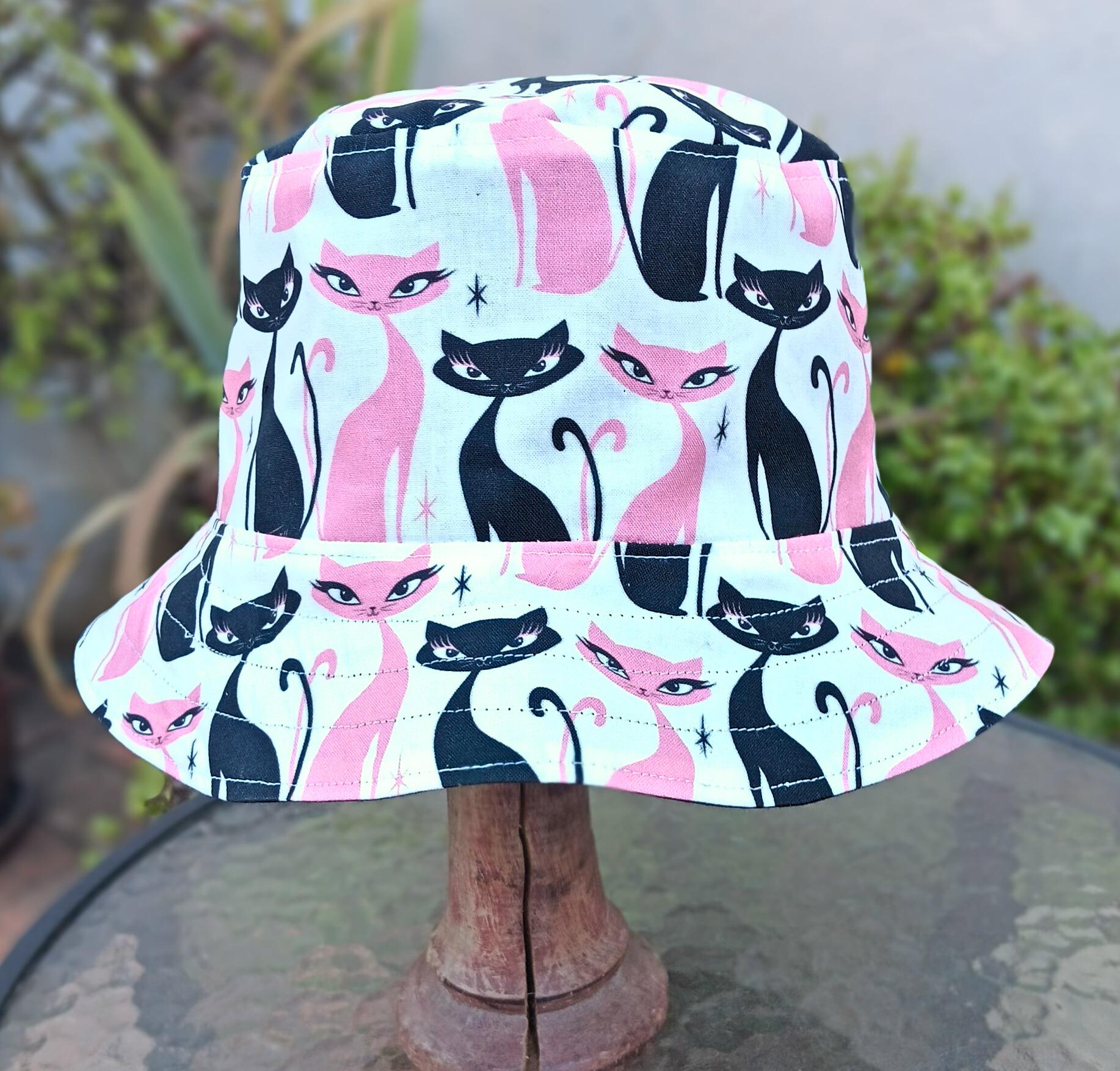 Mod Cats Bucket Hat, Reversible to Black, Sizes up to 4XL, summer hat, sun hat, floppy hat, retro style gift for cat lover, handmade