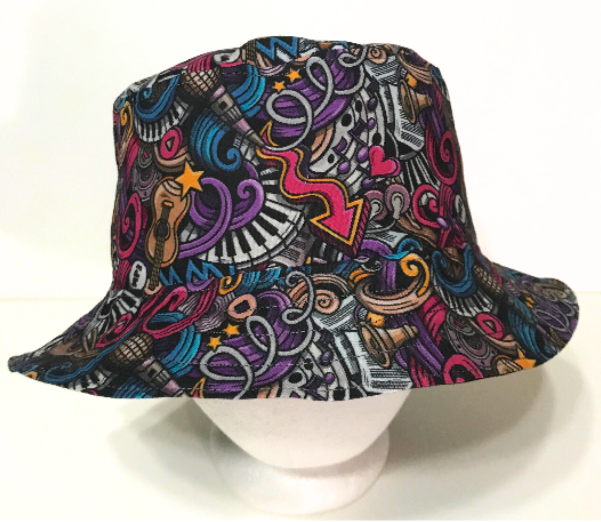 Music Theme Bucket Hat, Musical Notes, Doodle Style Print, Reversible, S-XXL, summer hat, ponytail hat,sun hat, floppy hat, concert hat