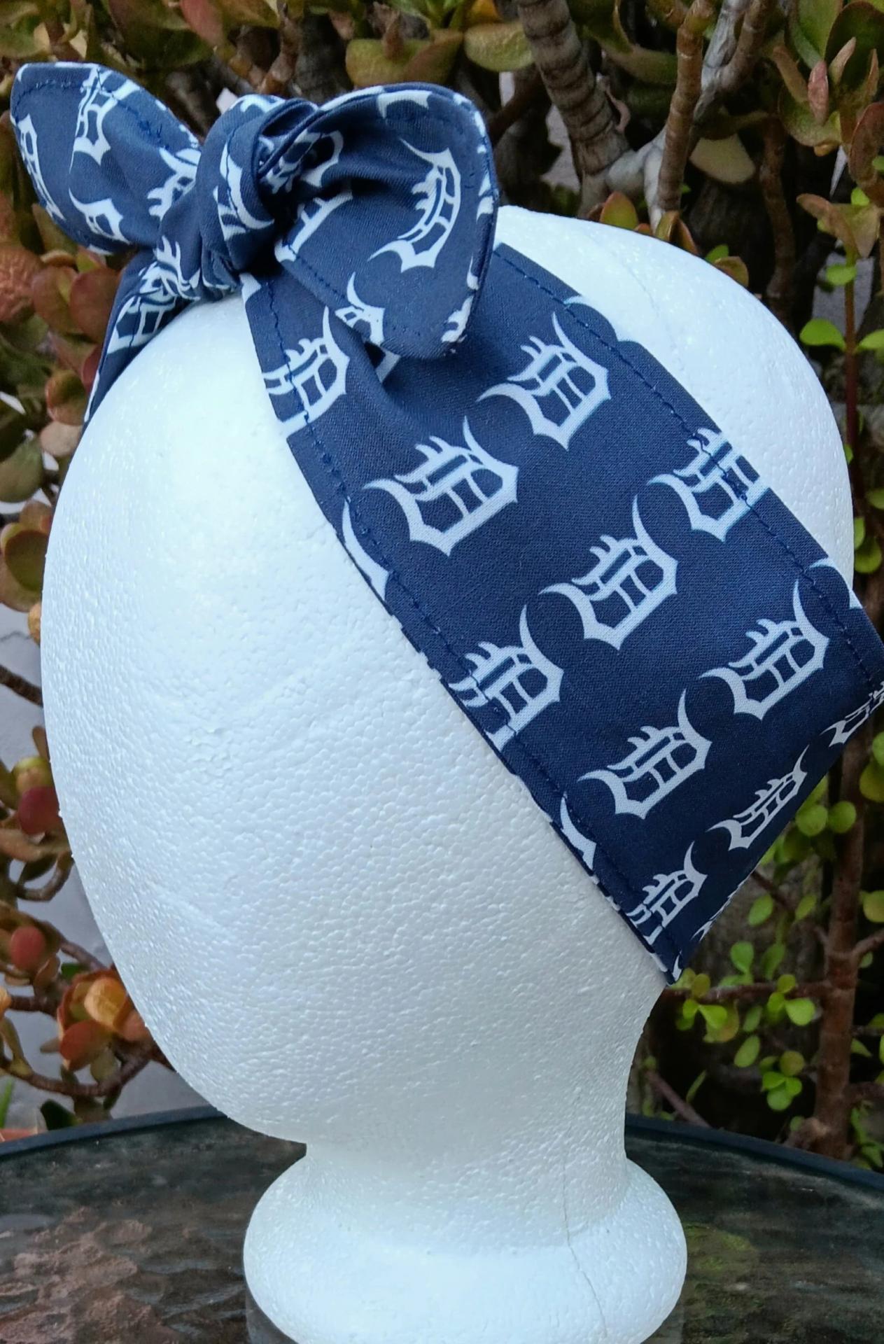 3” Wide Old English D headband, hair wrap, pin up, hair tie, scarf, bandana, retro, rockabilly, Gift for Detroit Tigers fan, baseball, Michigan sports, handmade