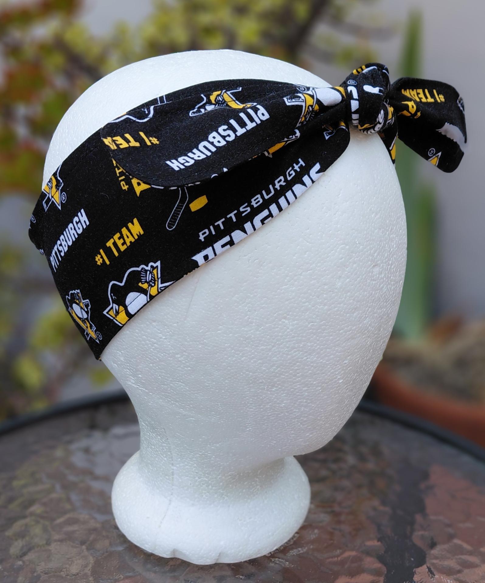 Pittsburgh Penguins headband, handmade, 3" wide, self tie, pin up style, hair tie, scarf, bandana, hat band