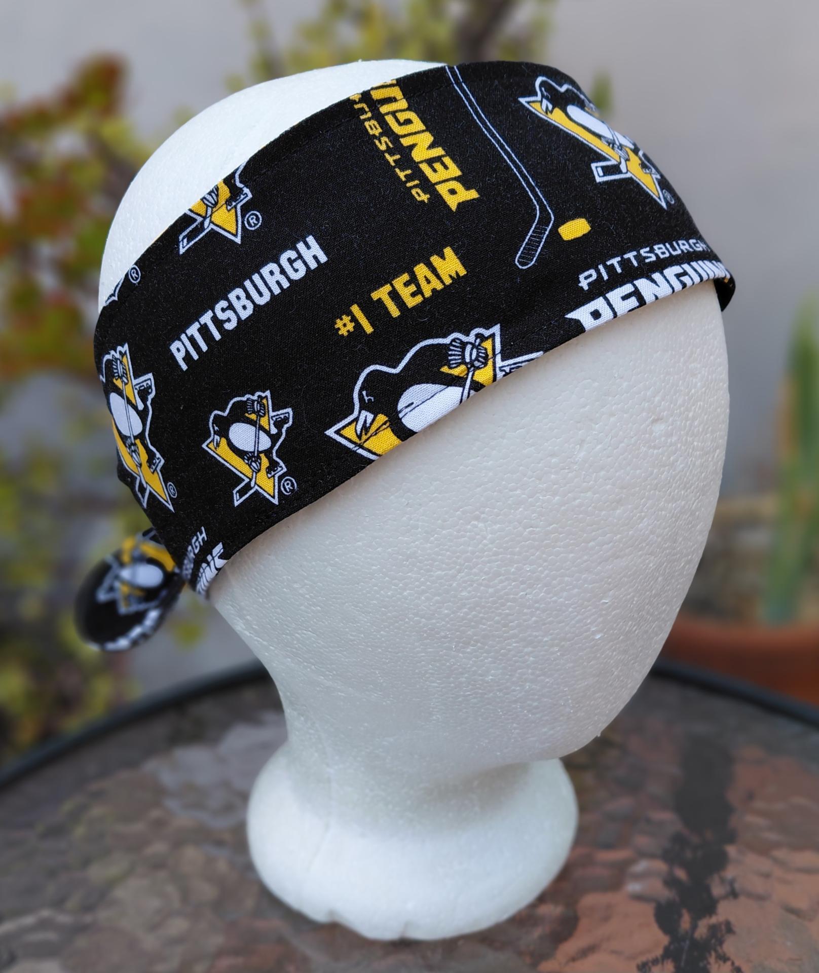 Pittsburgh Penguins headband, handmade, 3" wide, self tie, pin up style, hair tie, scarf, bandana, hat band