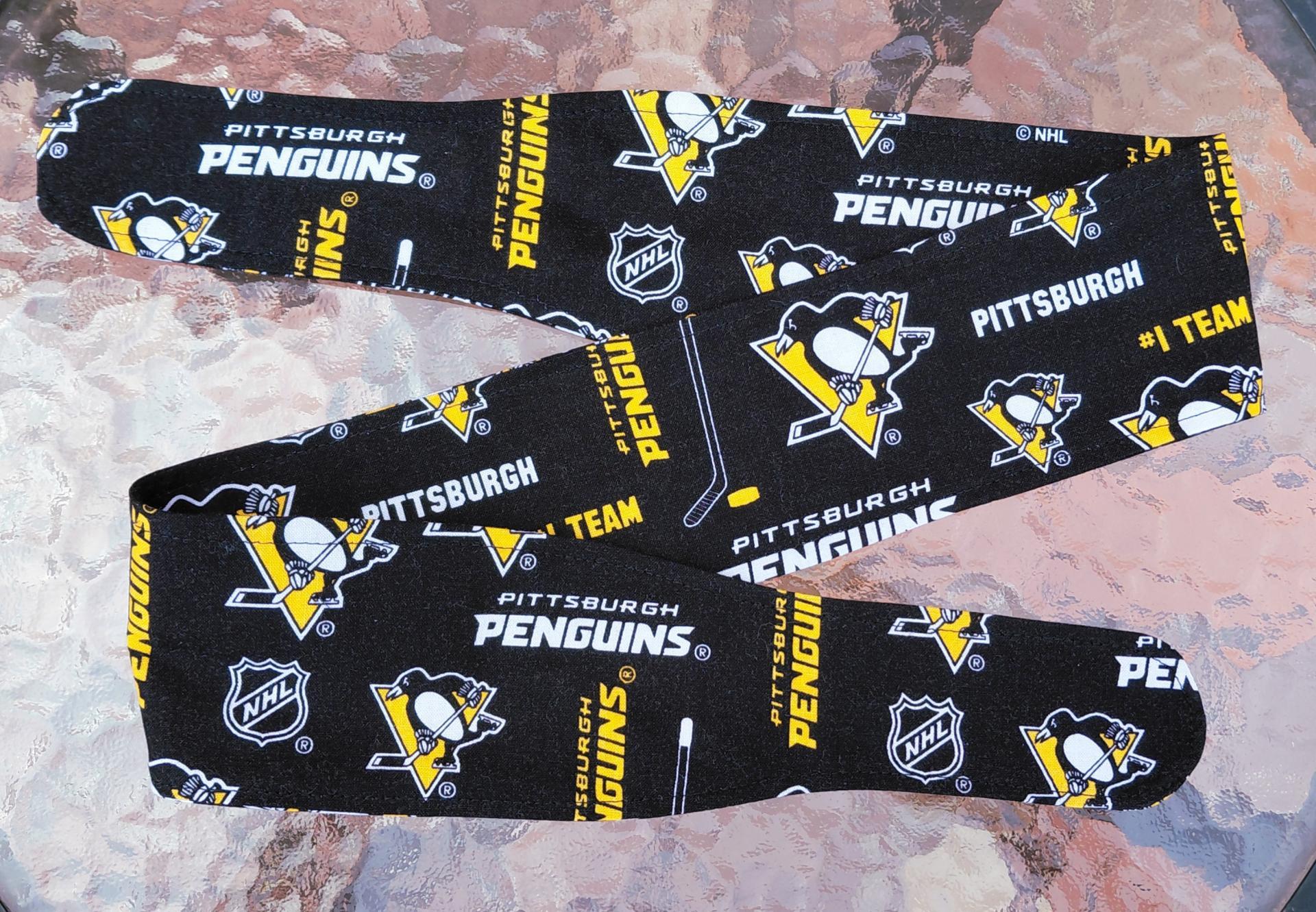Pittsburgh Penguins headband, handmade, 3" wide, self tie, pin up style, hair tie, scarf, bandana, hat band