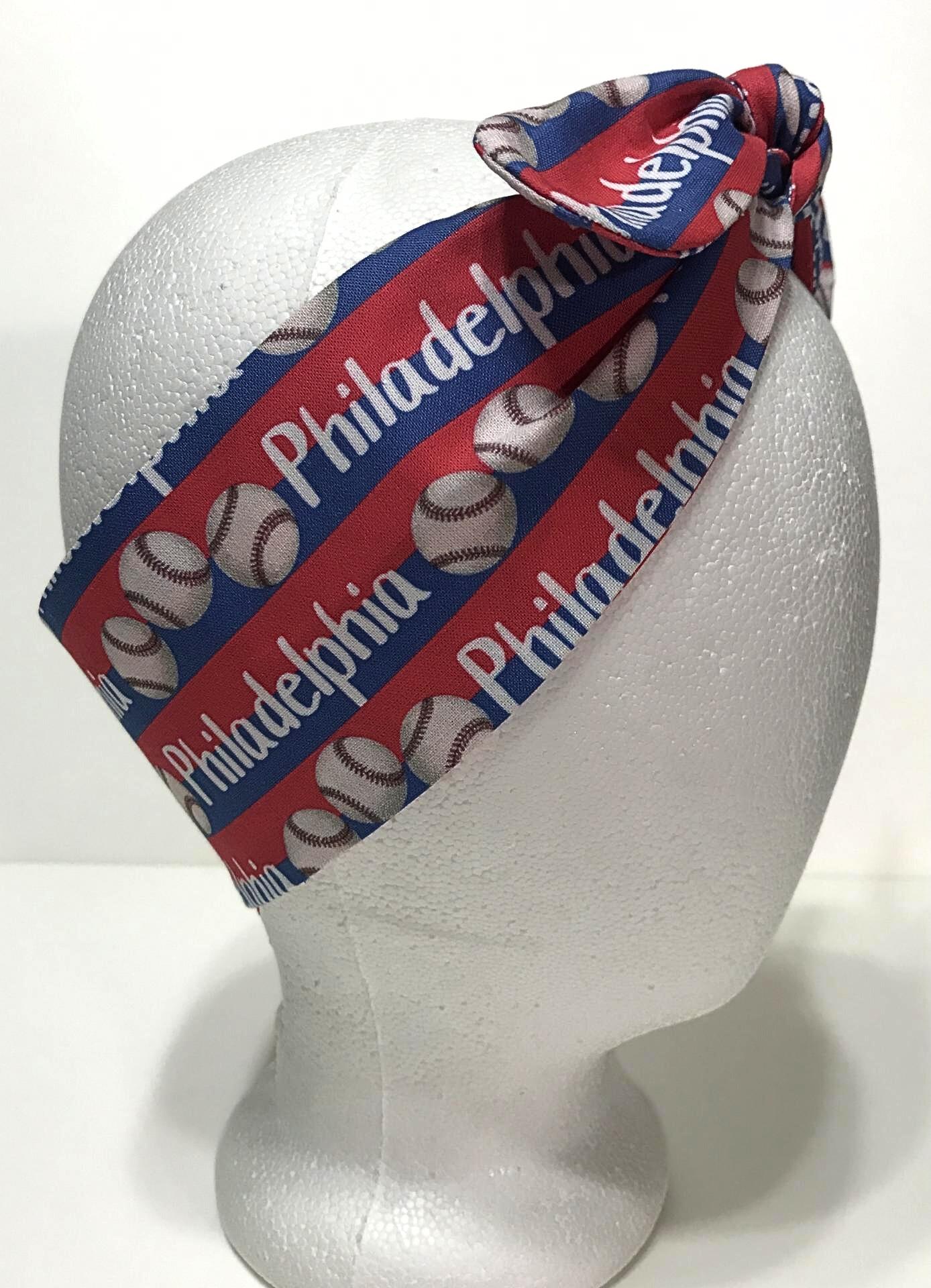 3” wide Philadelphia baseball headband, self tie, hair wrap, headband, pin up style, scarf, hair tie, bandana, retro, rockabilly
