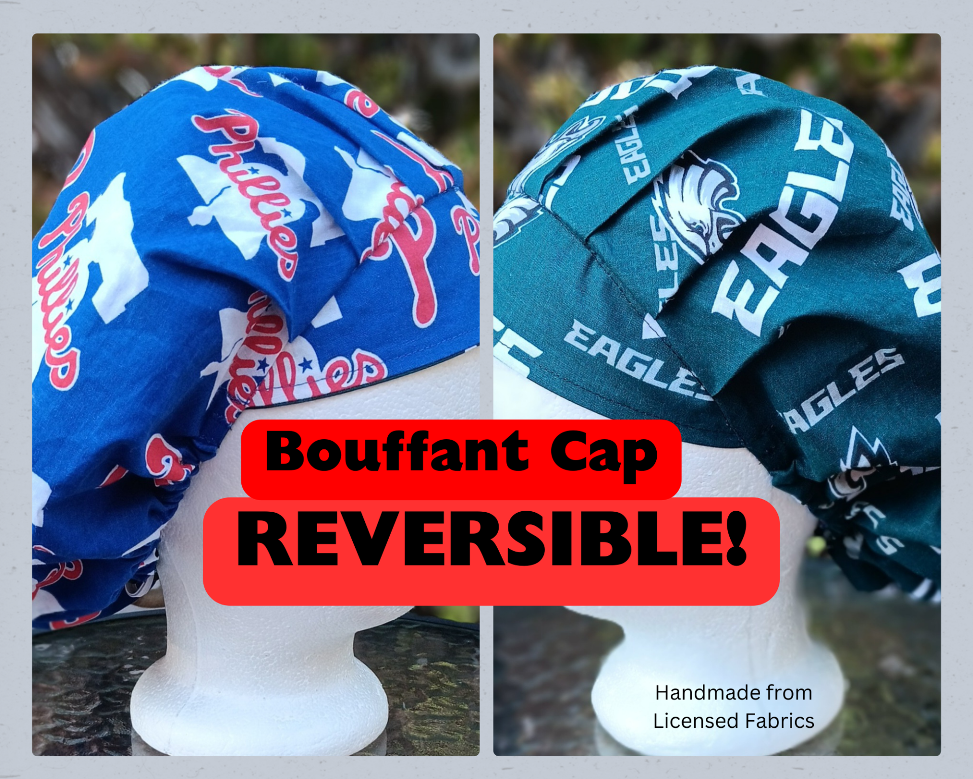 Bouffant Reversible Philadelphia Phillies / Eagles scrub cap, adjustable, nurse, technician, doctor, food service, handmade