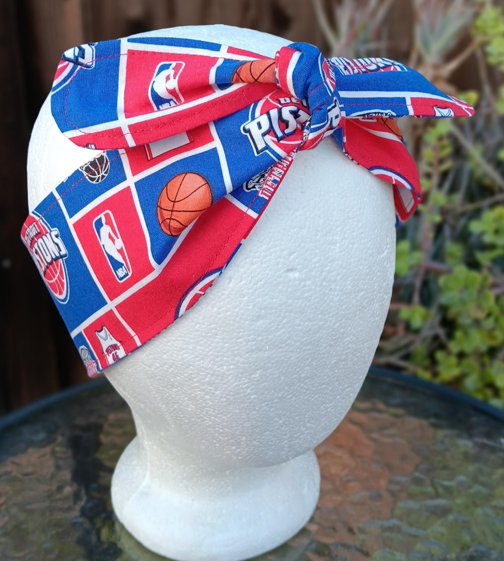 3” Wide Detroit Pistons Headband, Handmade, self tie, hair wrap, pin up style, hair tie, bandana, head scarf, retro style, basketball